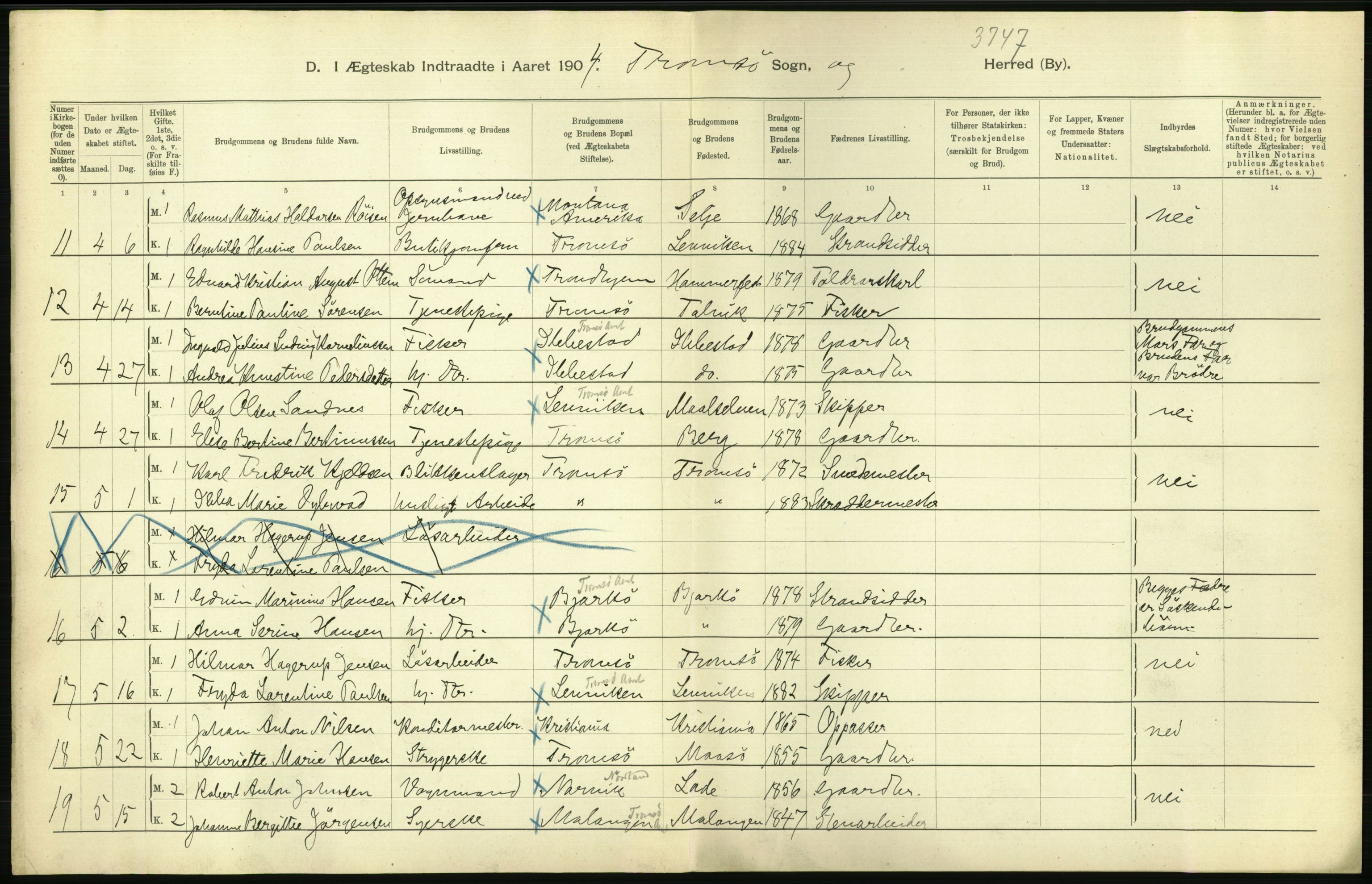 Statistisk sentralbyrå, Sosiodemografiske emner, Befolkning, RA/S-2228/D/Df/Dfa/Dfab/L0022: Tromsø amt: Fødte, gifte, døde, 1904, p. 384