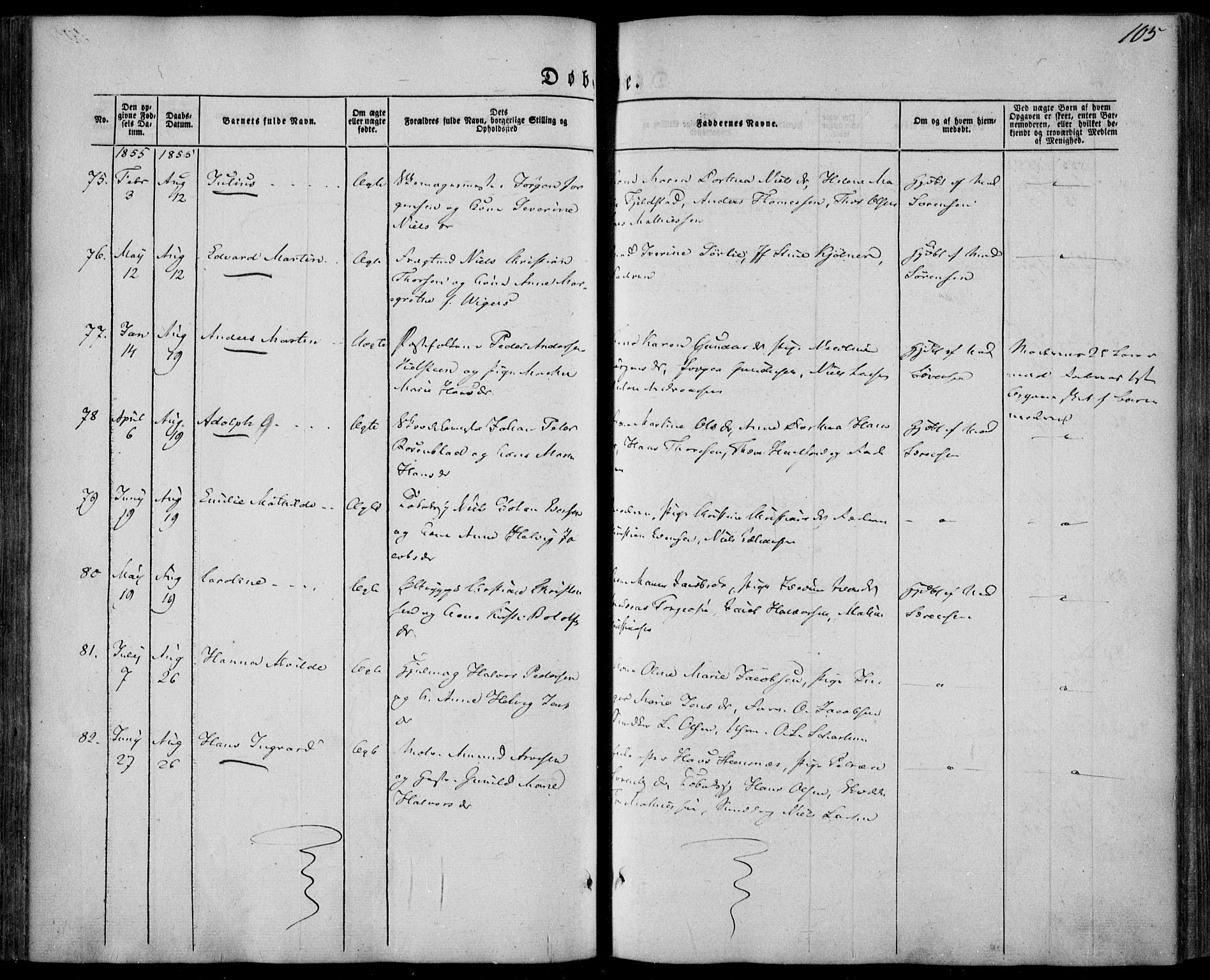 Larvik kirkebøker, AV/SAKO-A-352/F/Fa/L0003: Parish register (official) no. I 3, 1848-1856, p. 105