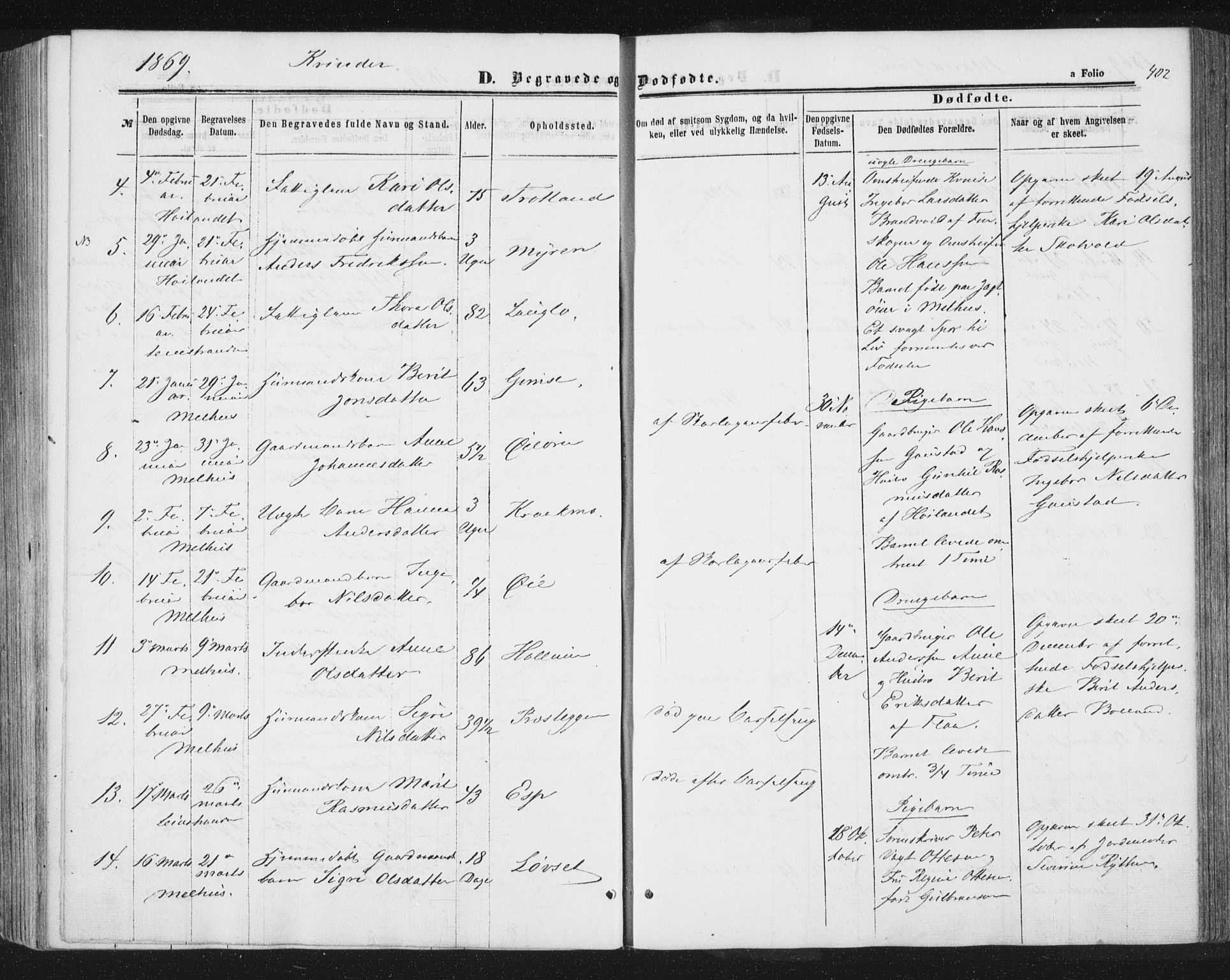 Ministerialprotokoller, klokkerbøker og fødselsregistre - Sør-Trøndelag, AV/SAT-A-1456/691/L1077: Parish register (official) no. 691A09, 1862-1873, p. 402