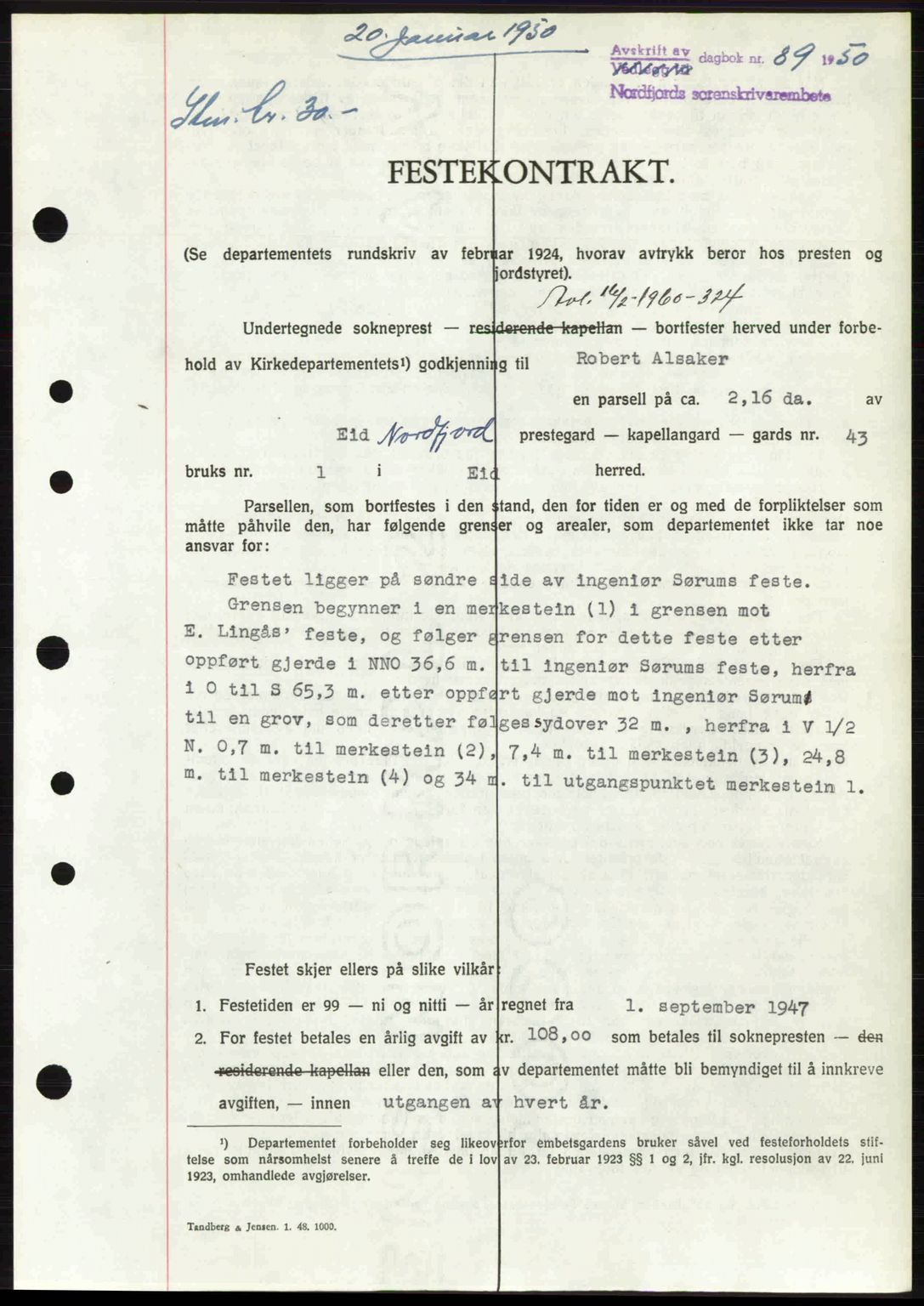 Nordfjord sorenskriveri, SAB/A-2801/02/02b/02bj/L0016a: Mortgage book no. A16 I, 1949-1950, Diary no: : 89/1950