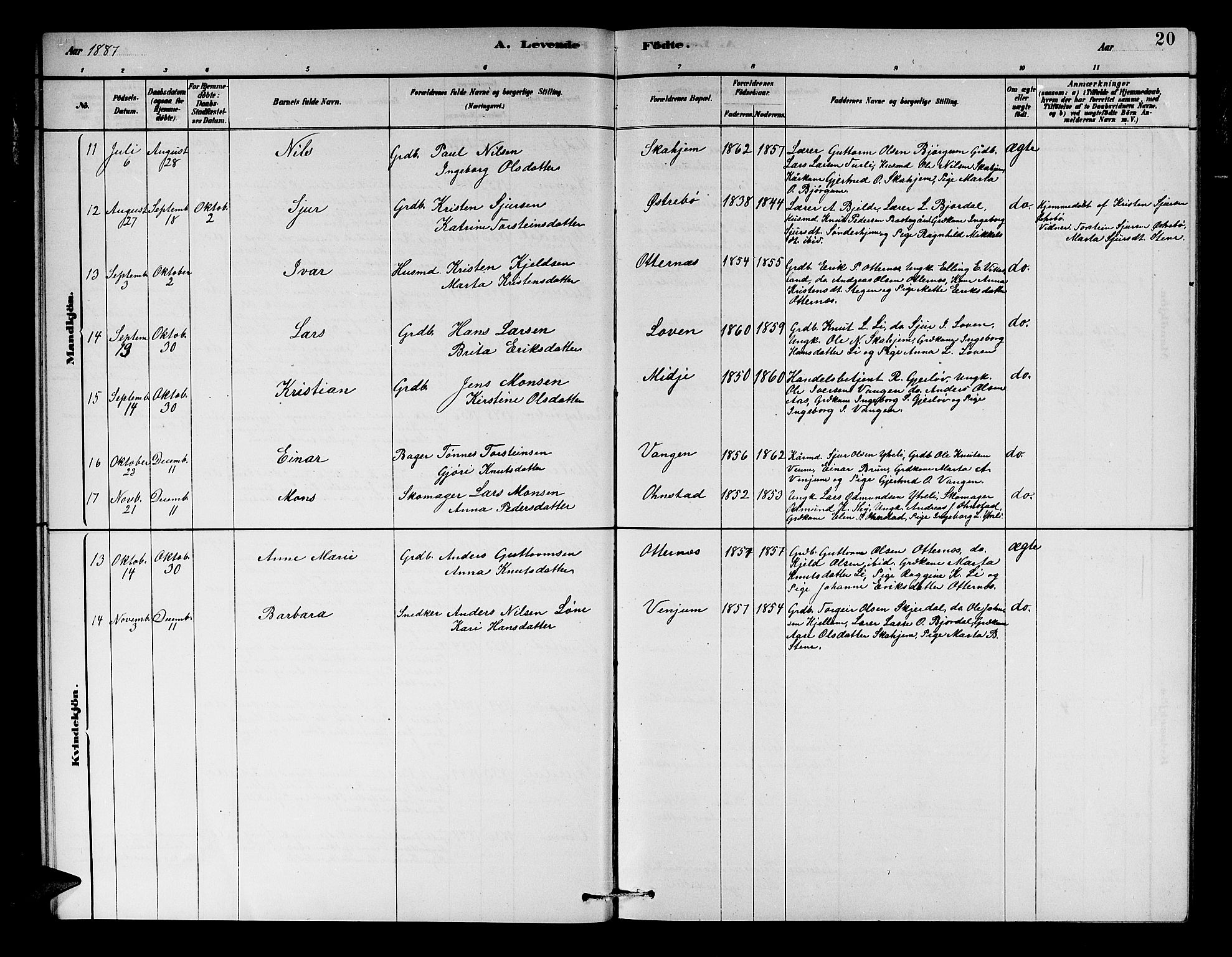 Aurland sokneprestembete, AV/SAB-A-99937/H/Hb/Hba/L0002: Parish register (copy) no. A 2, 1880-1895, p. 20