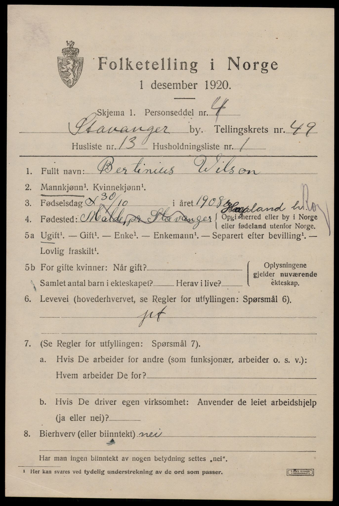 SAST, 1920 census for Stavanger, 1920, p. 118590