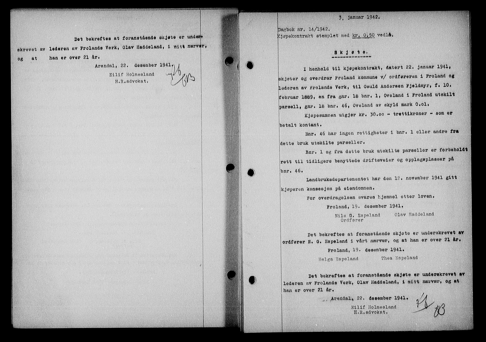 Nedenes sorenskriveri, AV/SAK-1221-0006/G/Gb/Gba/L0049: Mortgage book no. A-III, 1941-1942, Diary no: : 14/1942