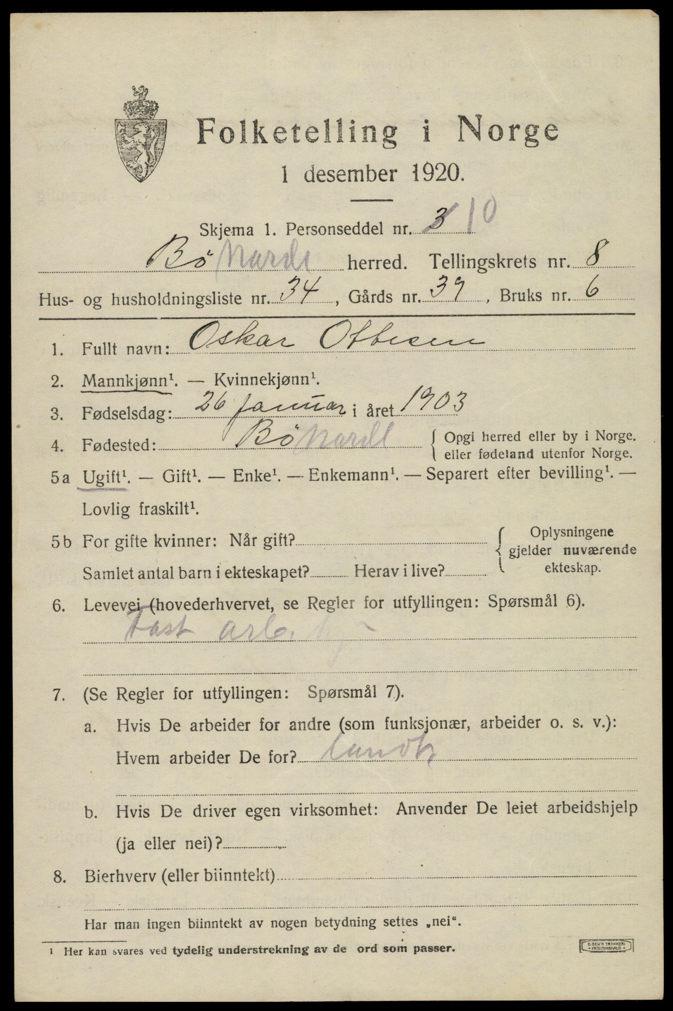 SAT, 1920 census for Bø, 1920, p. 7270