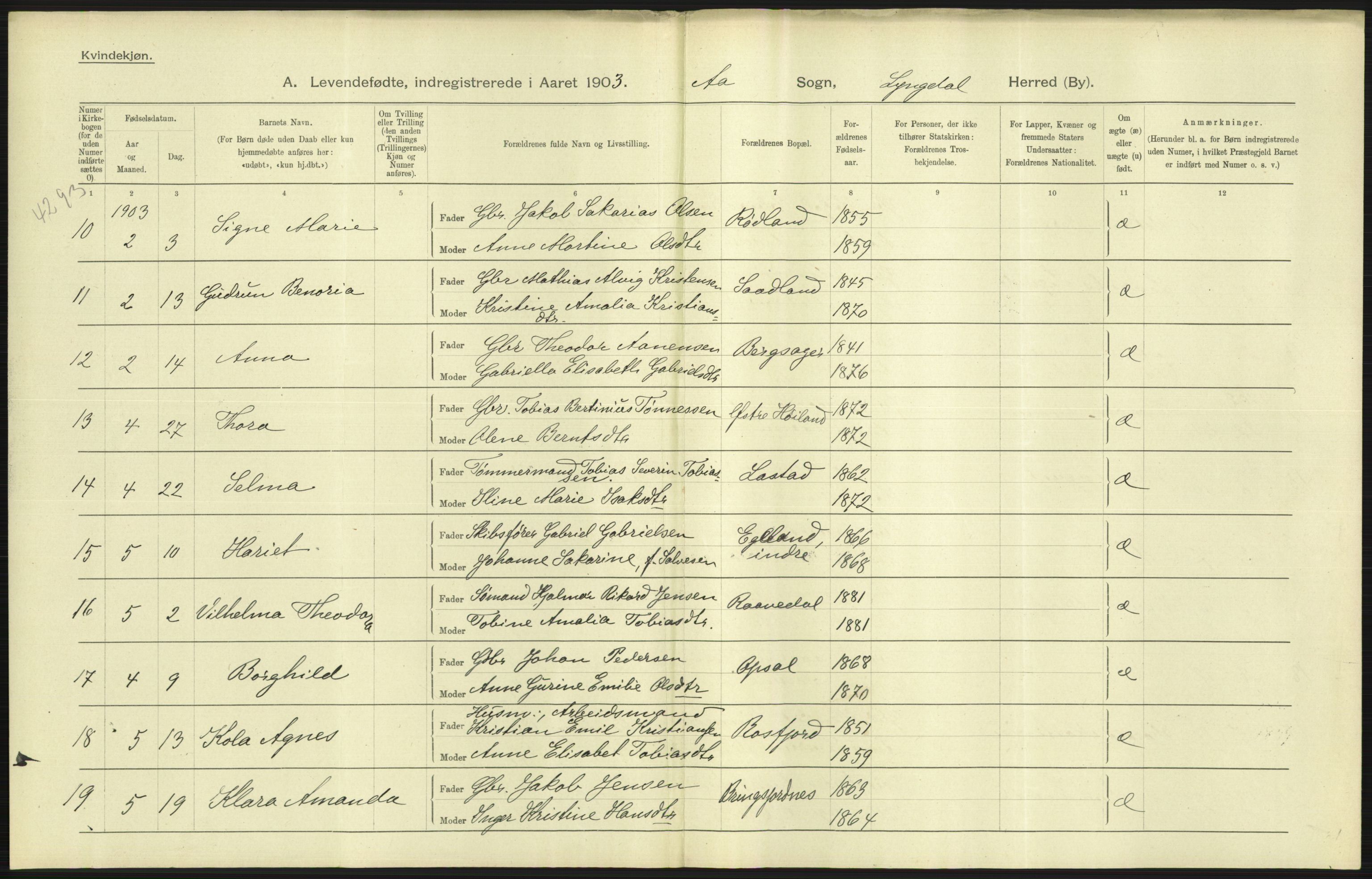 Statistisk sentralbyrå, Sosiodemografiske emner, Befolkning, AV/RA-S-2228/D/Df/Dfa/Dfaa/L0011: Lister og Mandal amt: Fødte, gifte, døde, 1903, p. 65