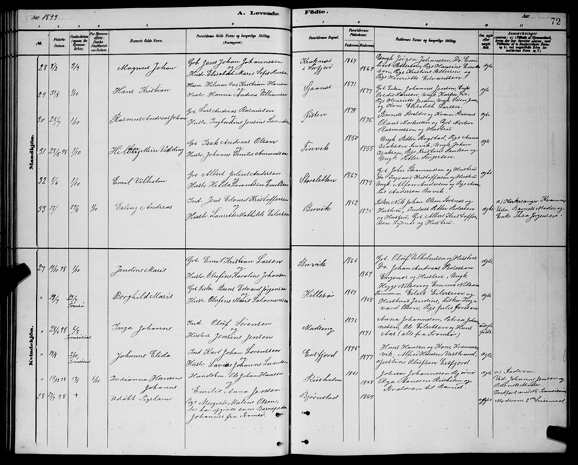 Lenvik sokneprestembete, SATØ/S-1310/H/Ha/Hab/L0021klokker: Parish register (copy) no. 21, 1884-1900, p. 72