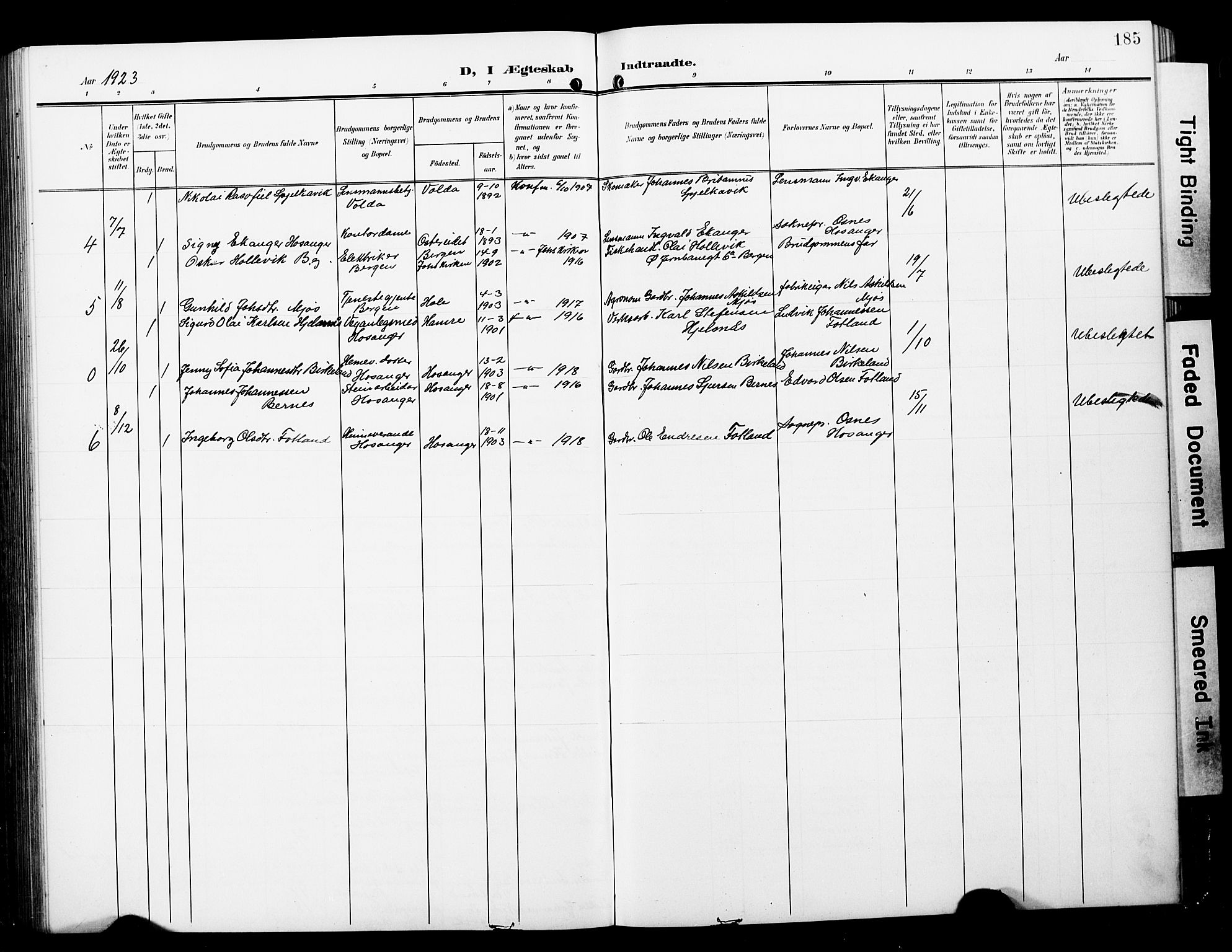 Hosanger sokneprestembete, SAB/A-75801/H/Hab: Parish register (copy) no. A 4, 1904-1927, p. 185