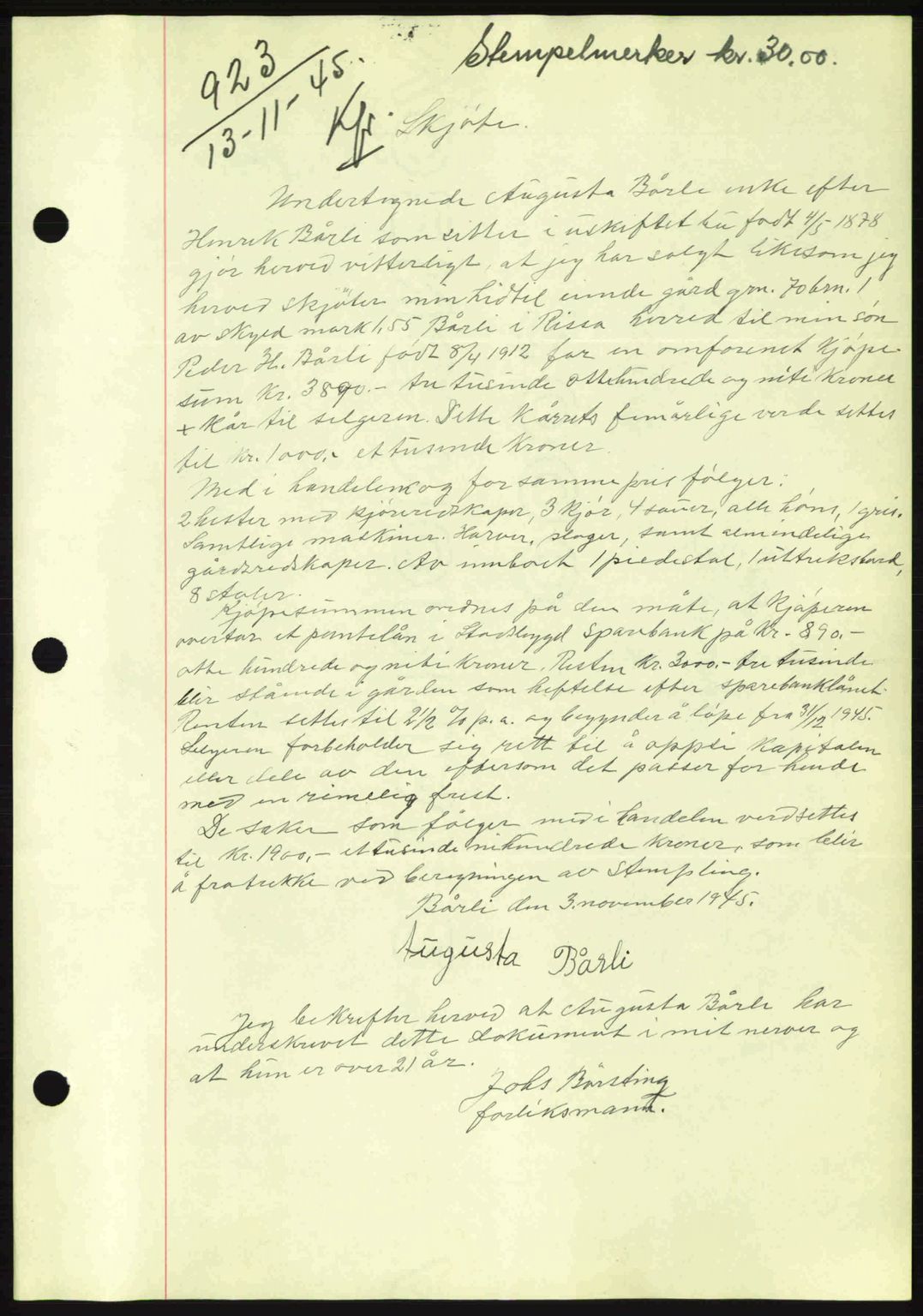 Fosen sorenskriveri, AV/SAT-A-1107/1/2/2C: Mortgage book no. A3, 1943-1945, Diary no: : 923/1945