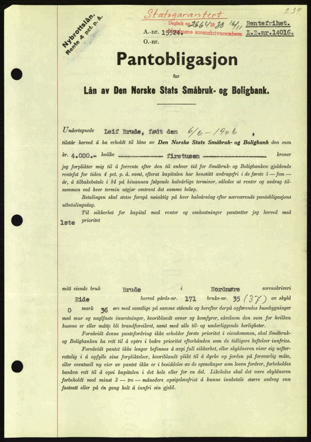 Nordmøre sorenskriveri, SAT/A-4132/1/2/2Ca: Mortgage book no. B84, 1938-1939, Diary no: : 2664/1938