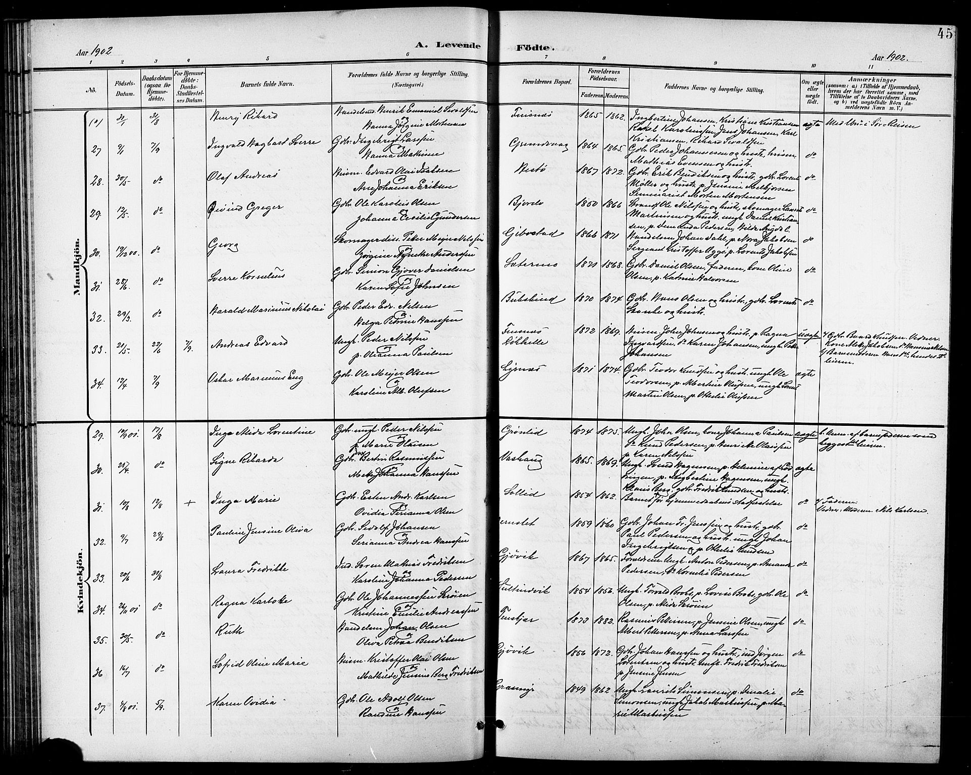 Lenvik sokneprestembete, AV/SATØ-S-1310/H/Ha/Hab/L0008klokker: Parish register (copy) no. 8, 1899-1911, p. 45
