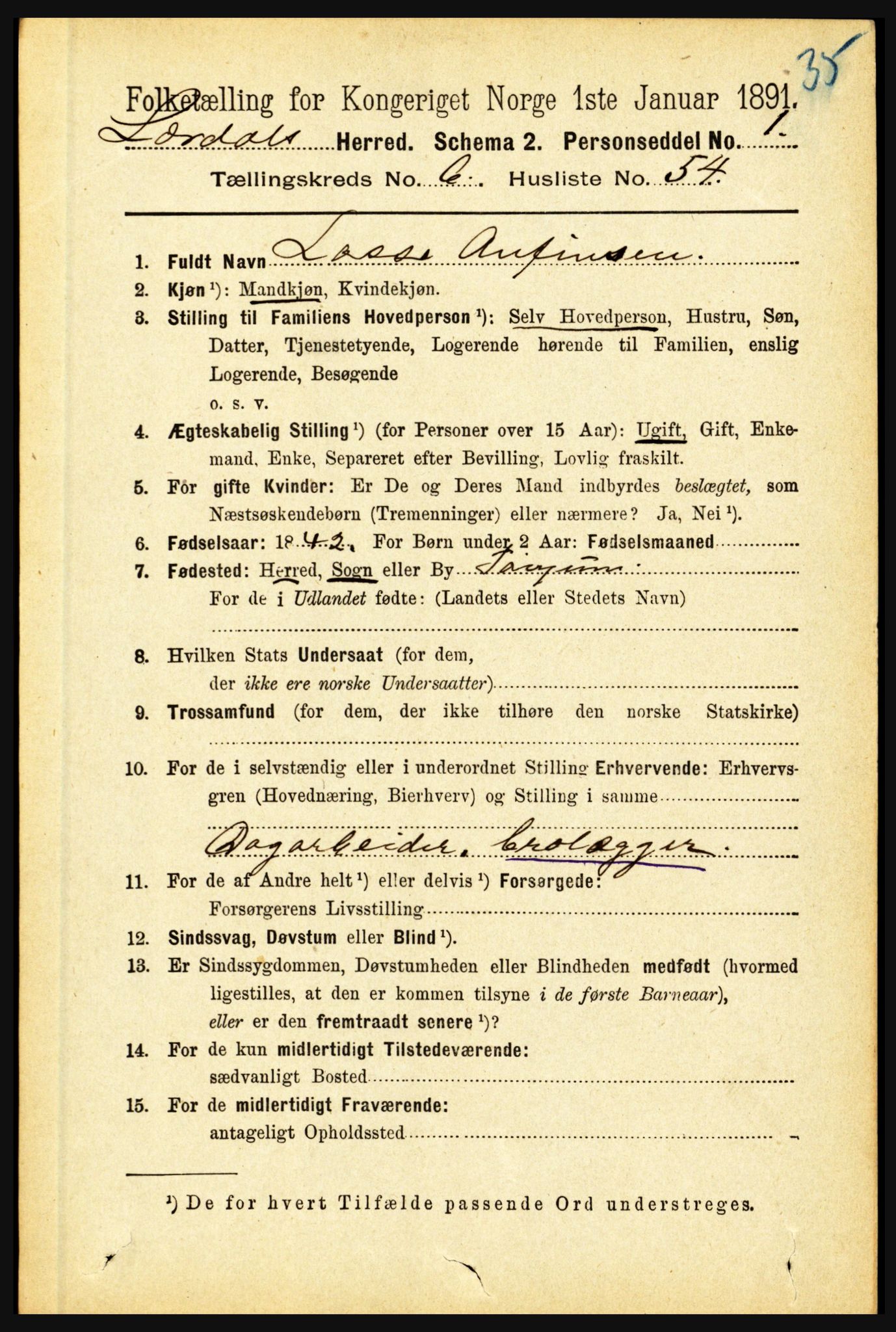 RA, 1891 census for 1422 Lærdal, 1891, p. 736