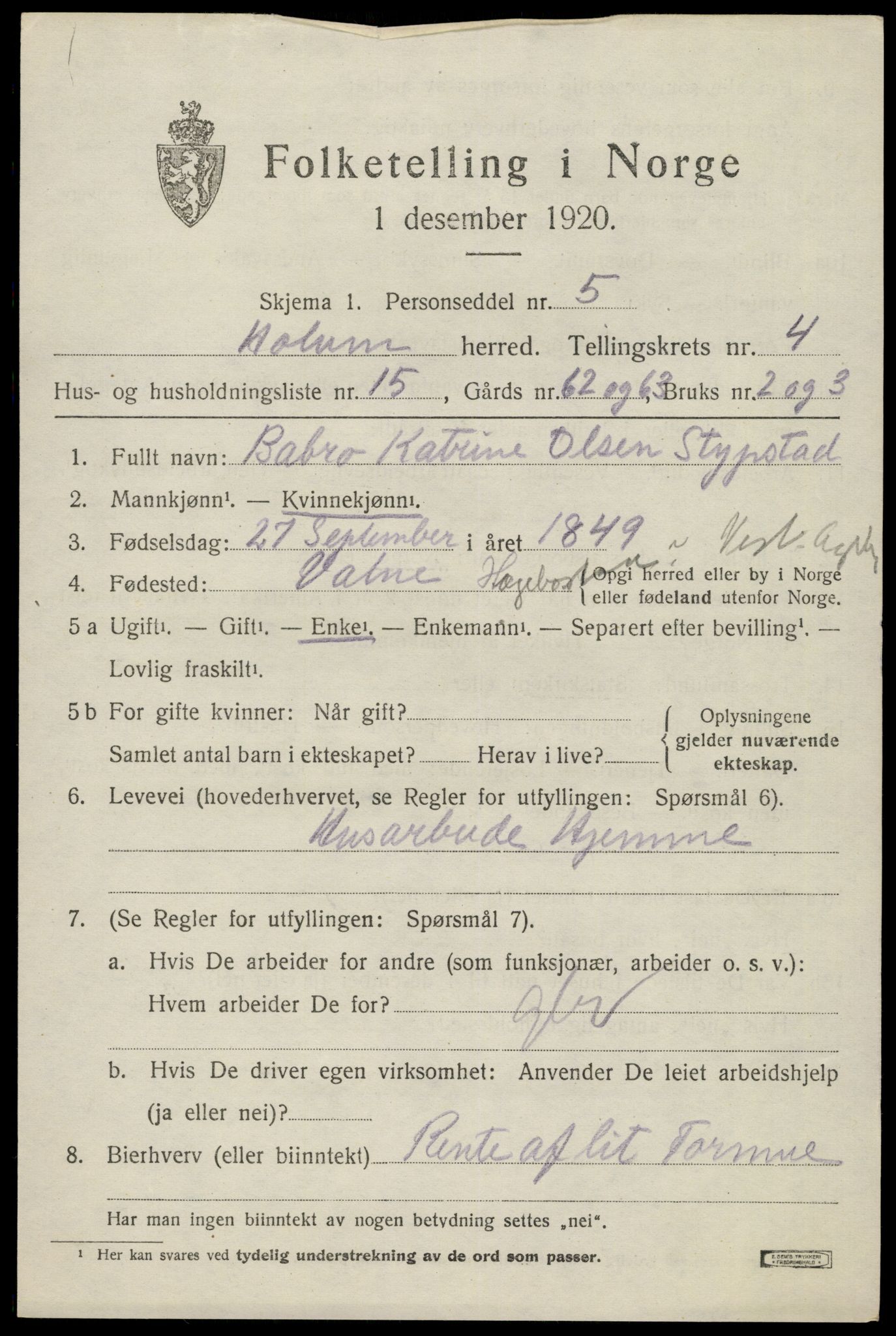 SAK, 1920 census for Holum, 1920, p. 2087