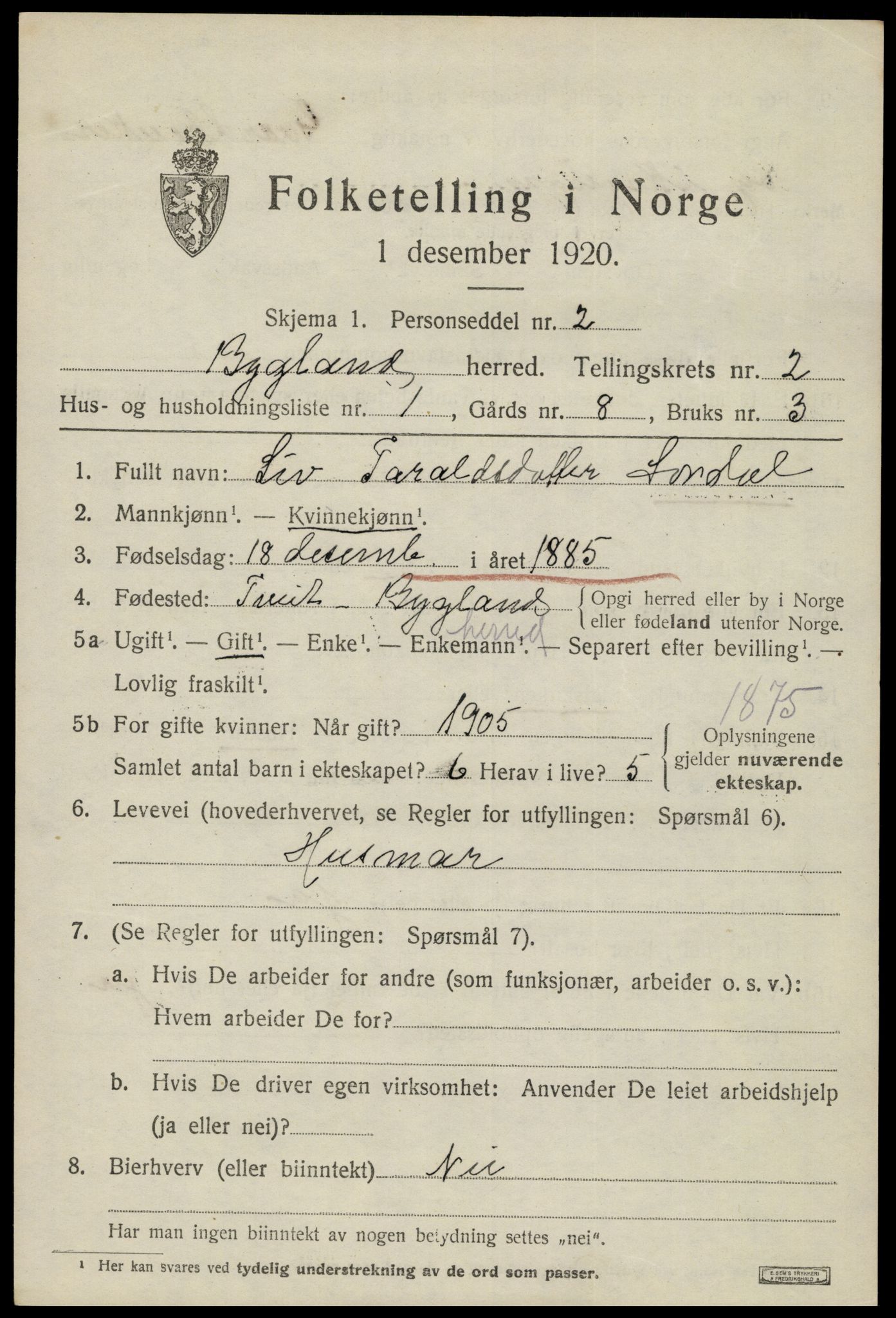 SAK, 1920 census for Bygland, 1920, p. 1091