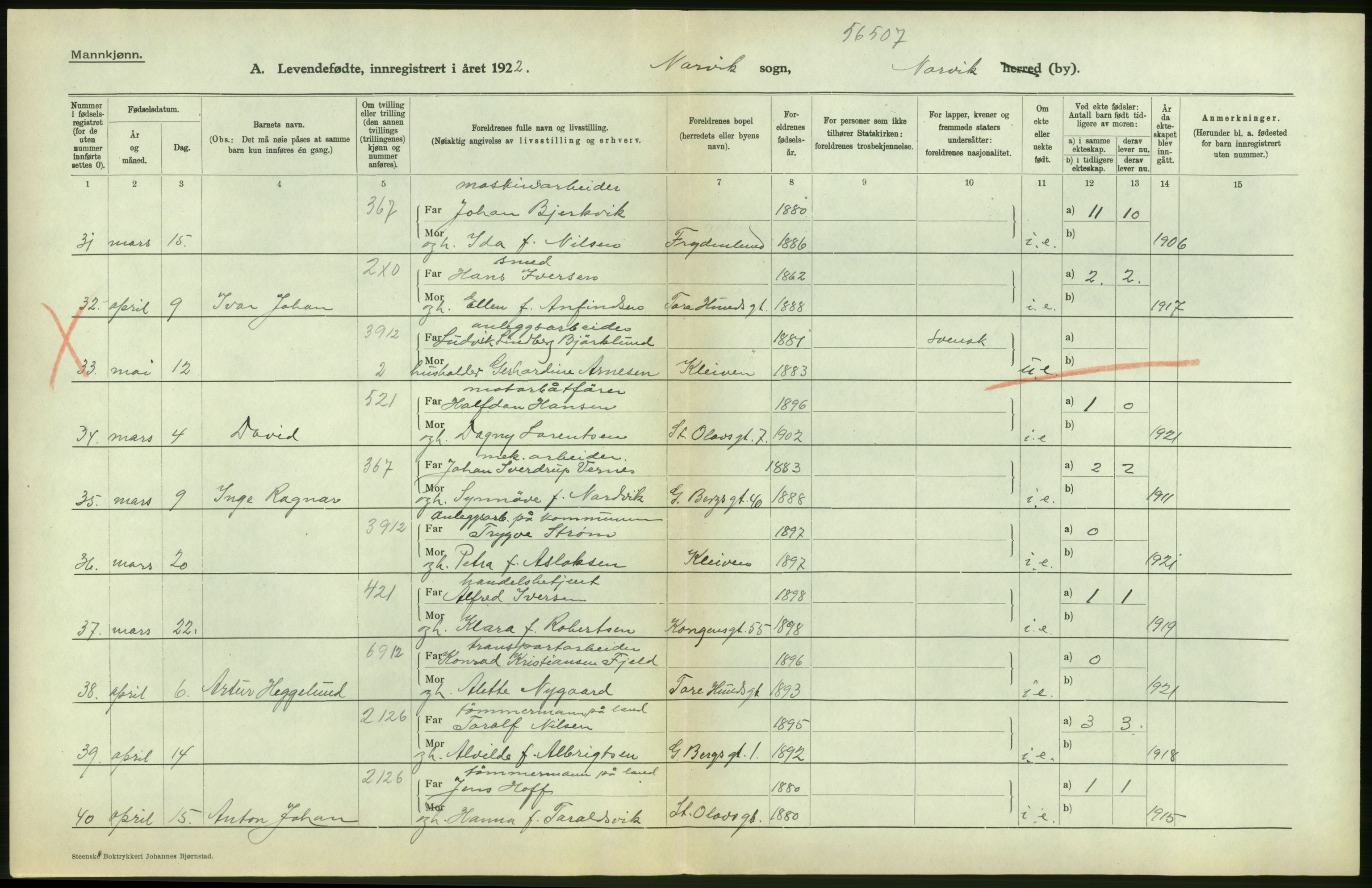 Statistisk sentralbyrå, Sosiodemografiske emner, Befolkning, AV/RA-S-2228/D/Df/Dfc/Dfcb/L0044: Nordland fylke: Levendefødte menn og kvinner. Bygder og byer., 1922, p. 26