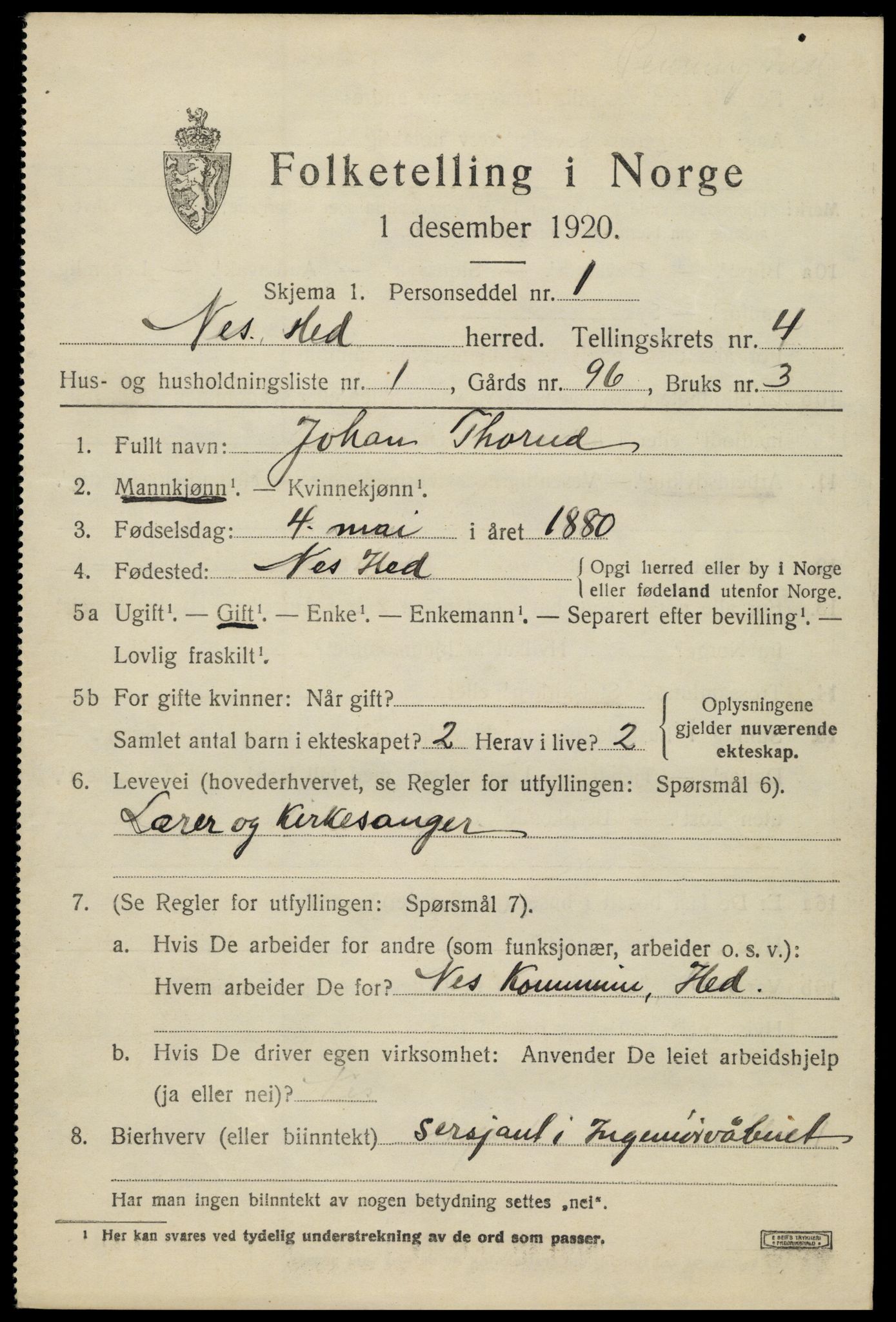 SAH, 1920 census for Nes (Hedmark), 1920, p. 5590