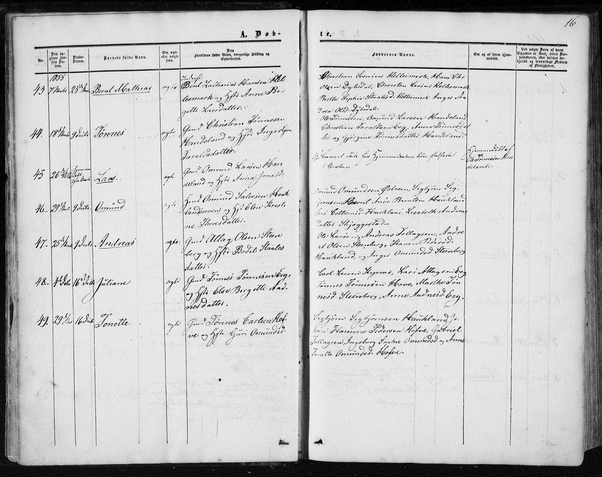 Lund sokneprestkontor, AV/SAST-A-101809/S06/L0009: Parish register (official) no. A 8, 1853-1877, p. 16