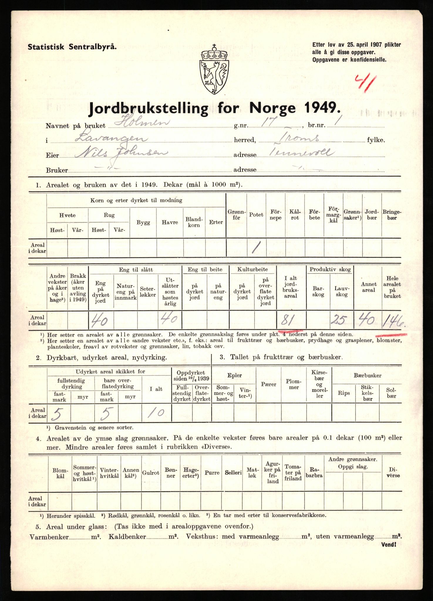 Statistisk sentralbyrå, Næringsøkonomiske emner, Jordbruk, skogbruk, jakt, fiske og fangst, AV/RA-S-2234/G/Gc/L0437: Troms: Gratangen og Lavangen, 1949, p. 582