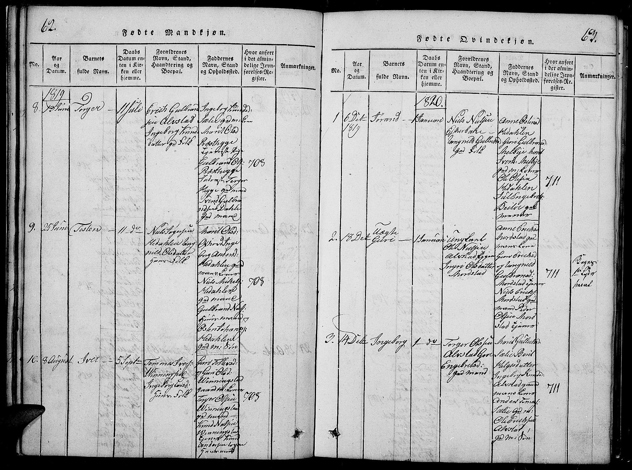 Slidre prestekontor, SAH/PREST-134/H/Ha/Hab/L0002: Parish register (copy) no. 2, 1814-1839, p. 62-63