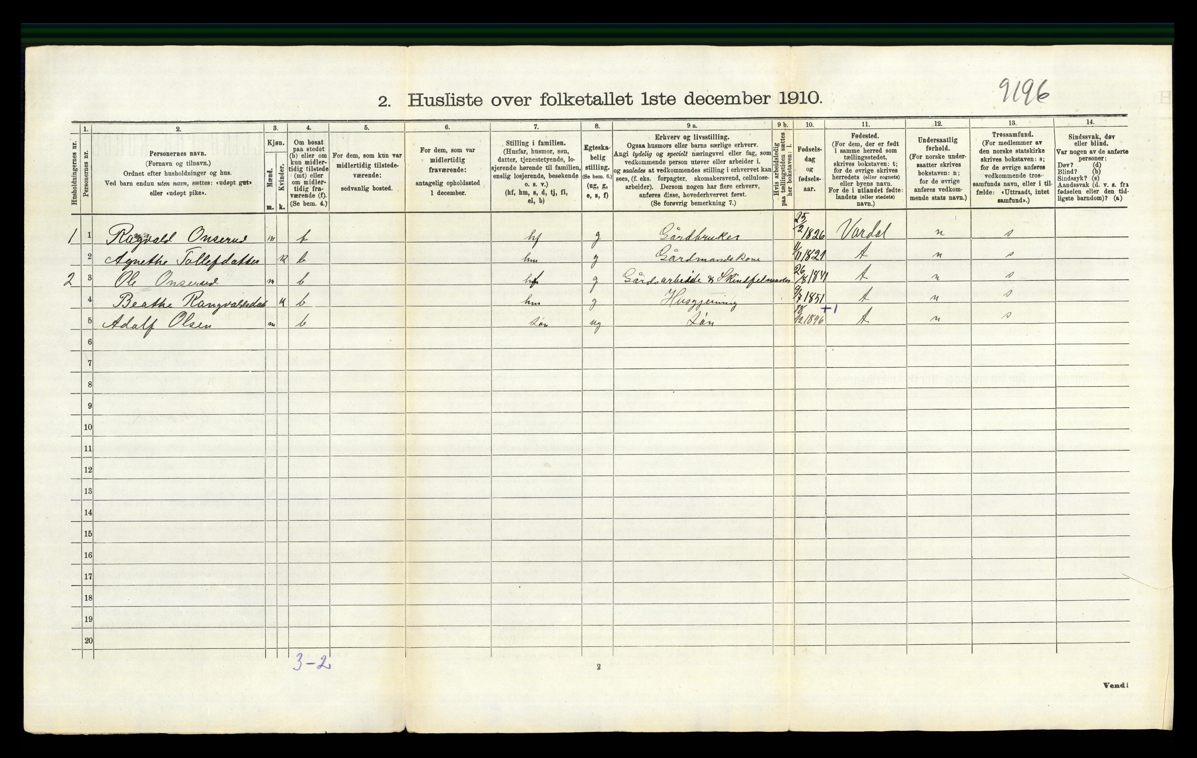 RA, 1910 census for Snertingdal, 1910, p. 120