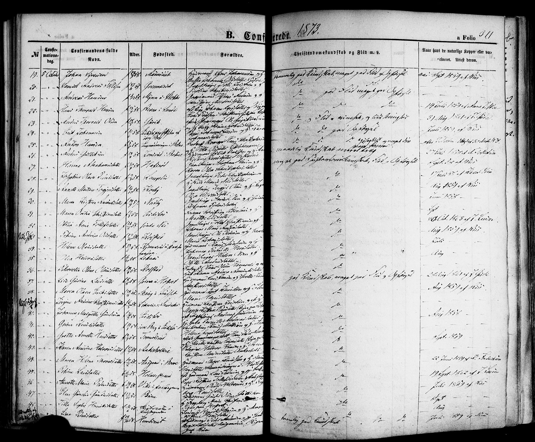 Hof kirkebøker, AV/SAKO-A-64/F/Fa/L0006: Parish register (official) no. I 6, 1851-1877, p. 311