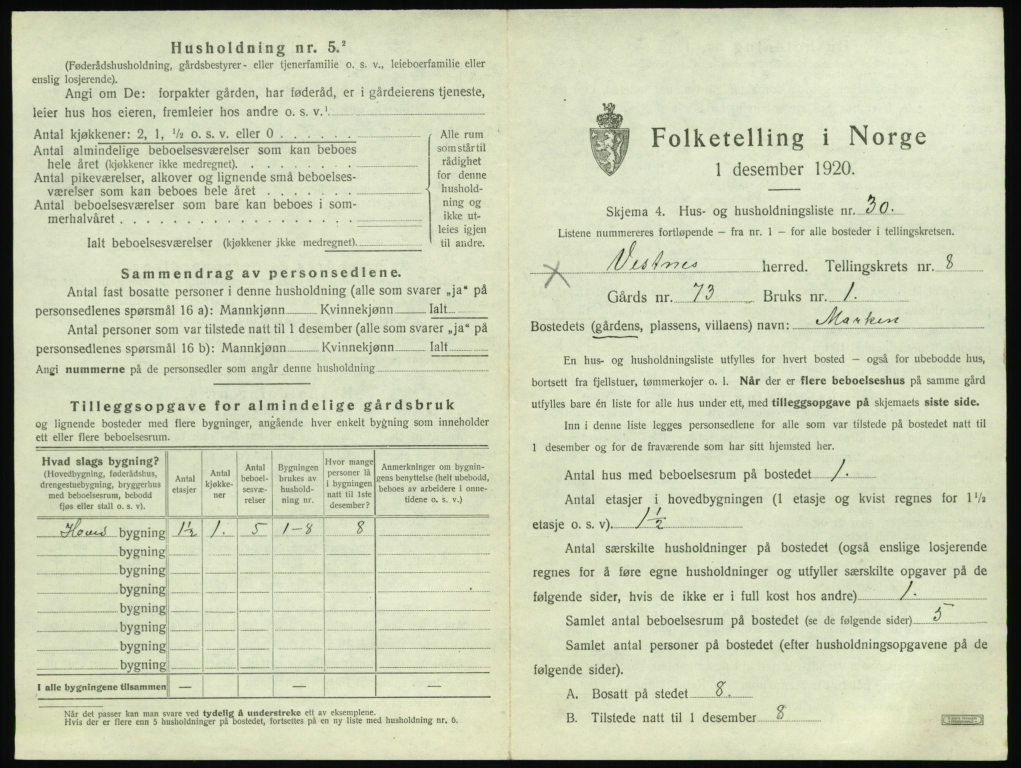 SAT, 1920 census for Vestnes, 1920, p. 925