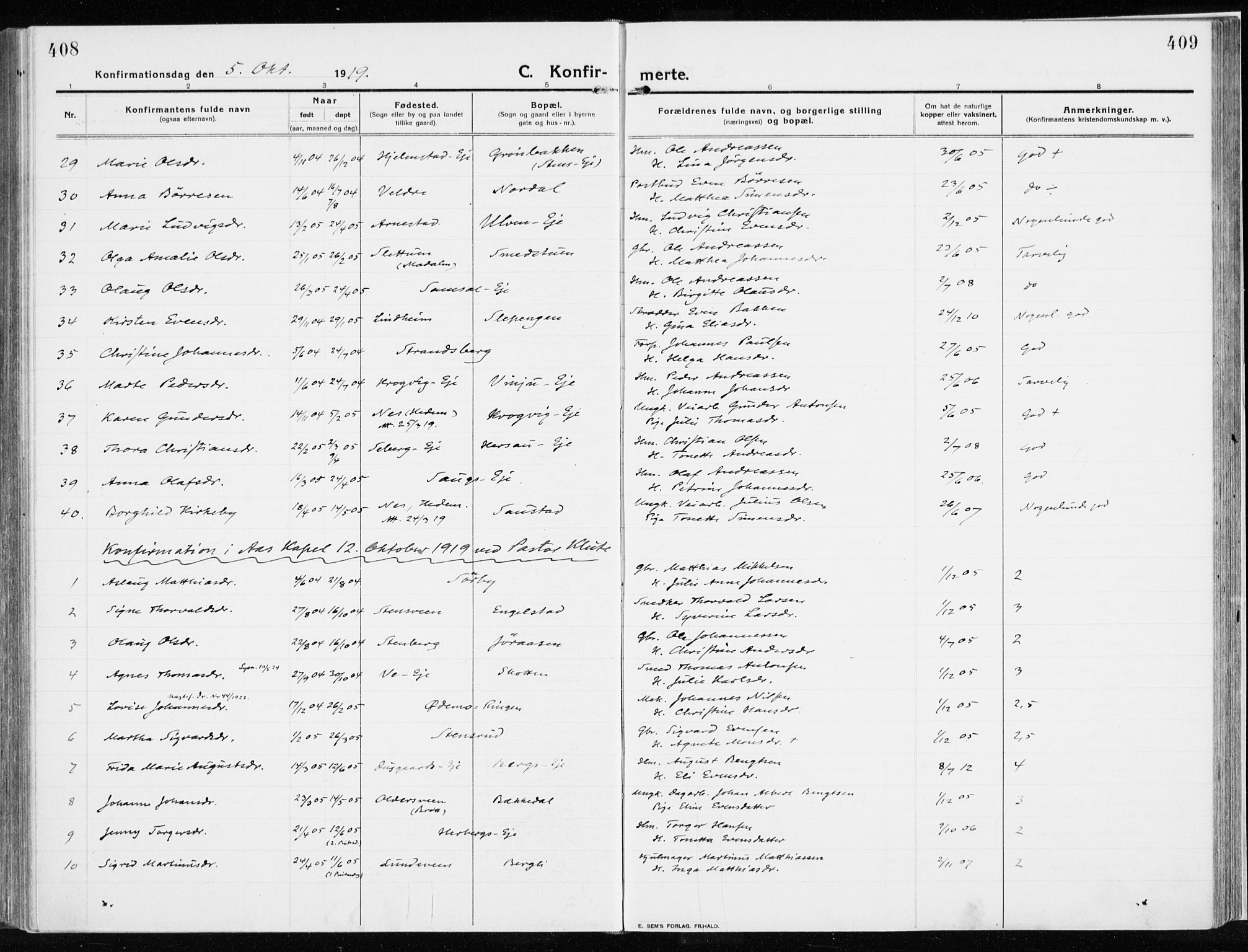 Ringsaker prestekontor, AV/SAH-PREST-014/K/Ka/L0020: Parish register (official) no. 20, 1913-1922, p. 408-409