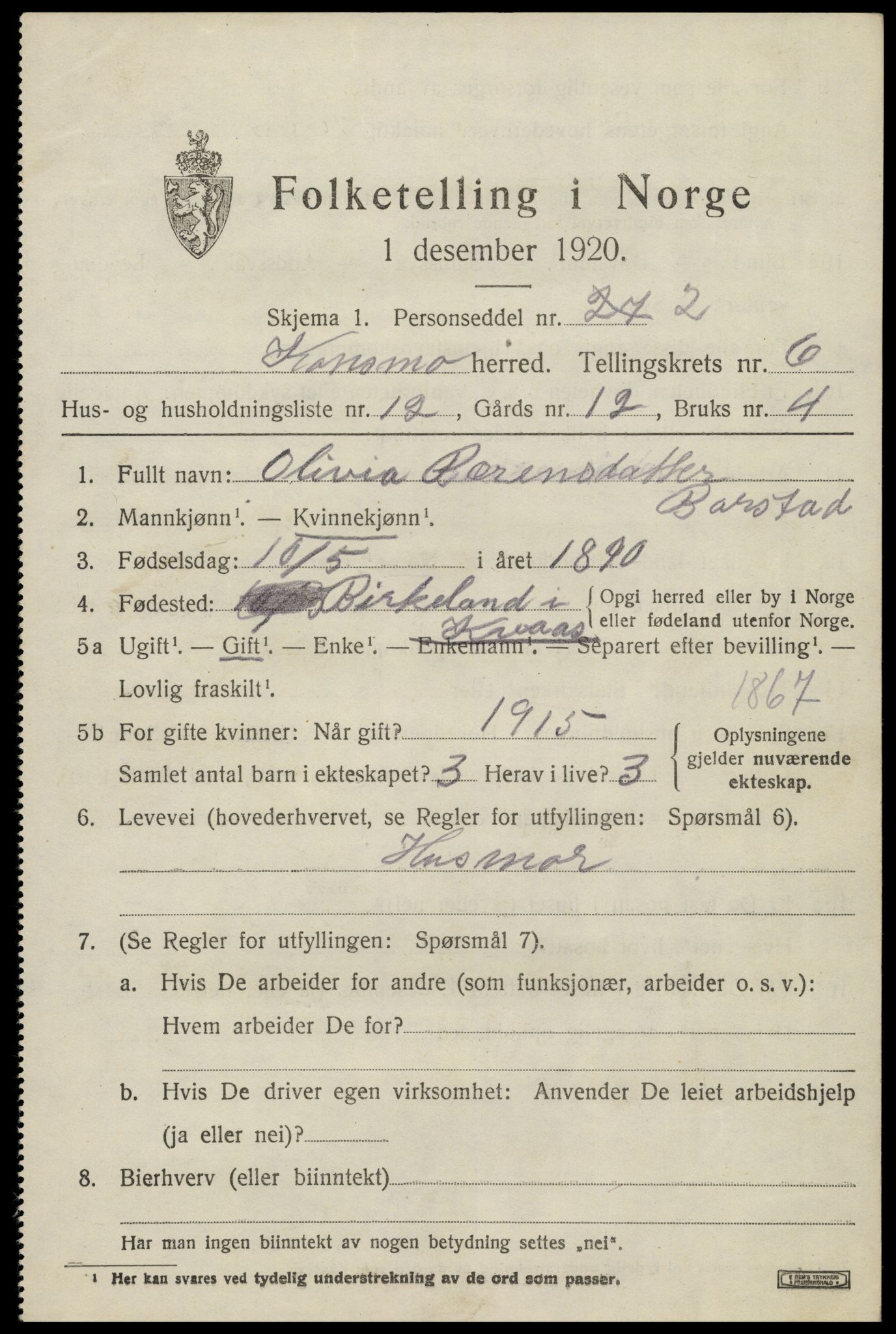 SAK, 1920 census for Konsmo, 1920, p. 1456