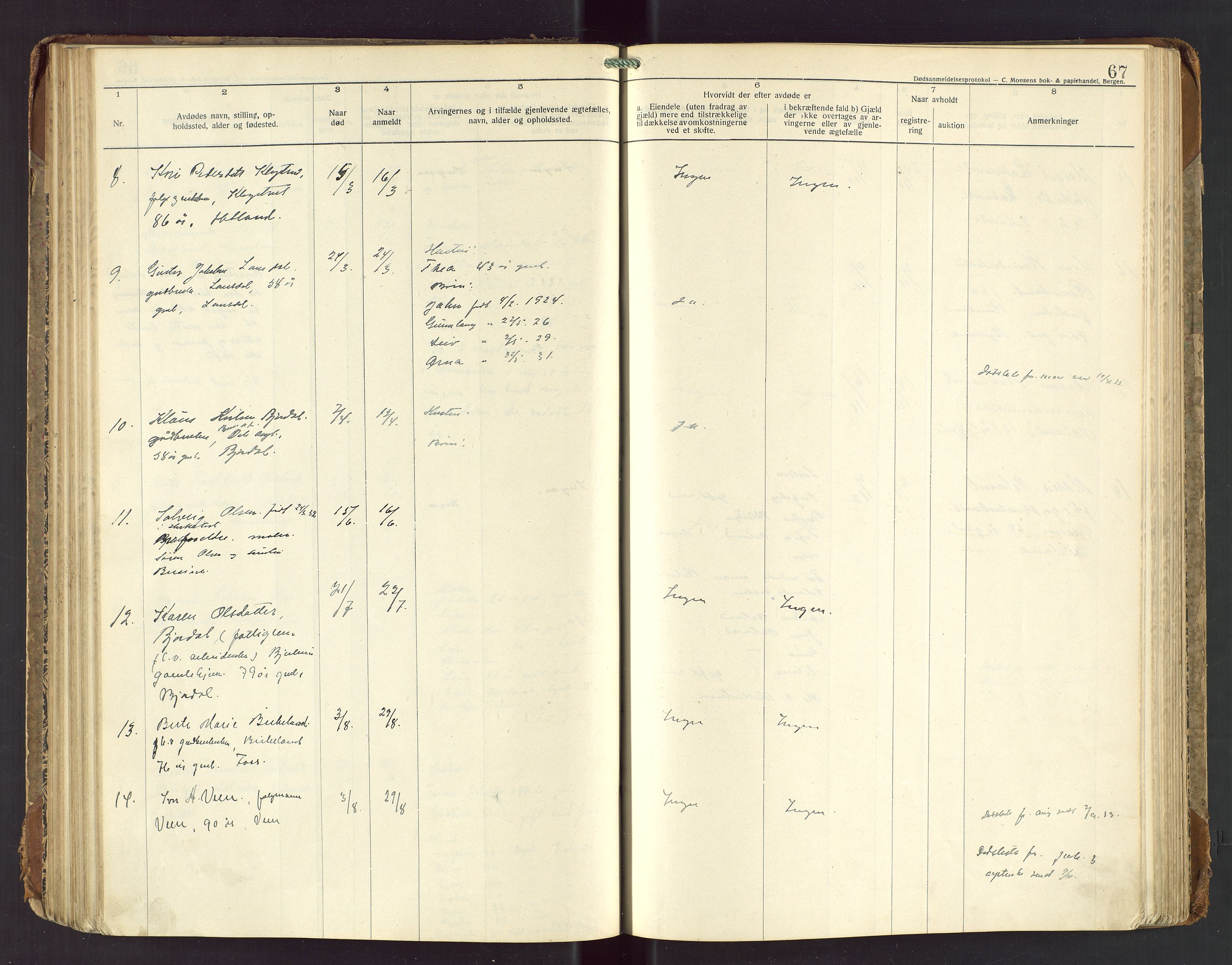 Bjerkreim lensmannskontor, AV/SAST-A-100090/Gga/L0002: "Dødsanmeldelsesprotokoll", 1916-1954, p. 67