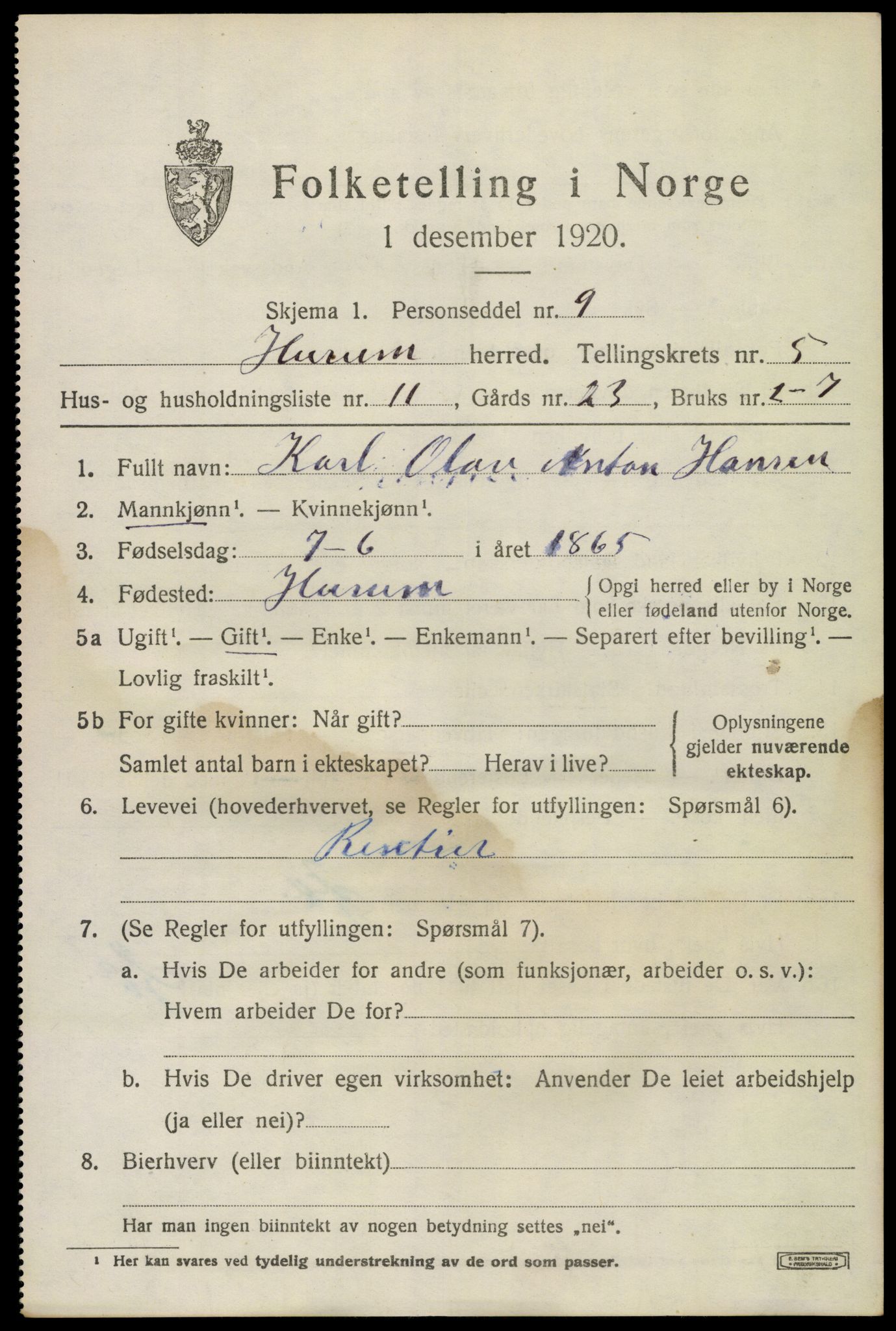 SAKO, 1920 census for Hurum, 1920, p. 6208