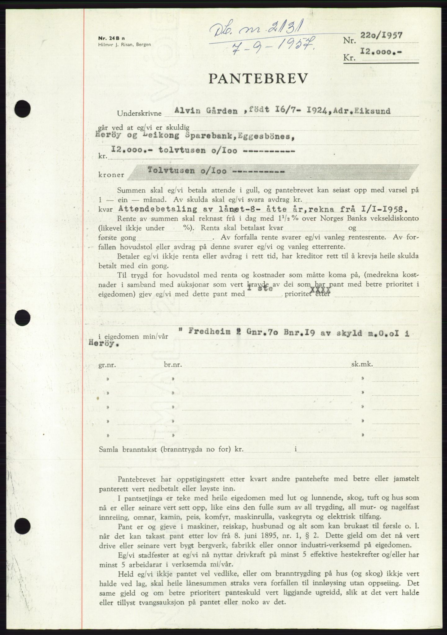 Søre Sunnmøre sorenskriveri, AV/SAT-A-4122/1/2/2C/L0130: Mortgage book no. 18B, 1957-1958, Diary no: : 2131/1957