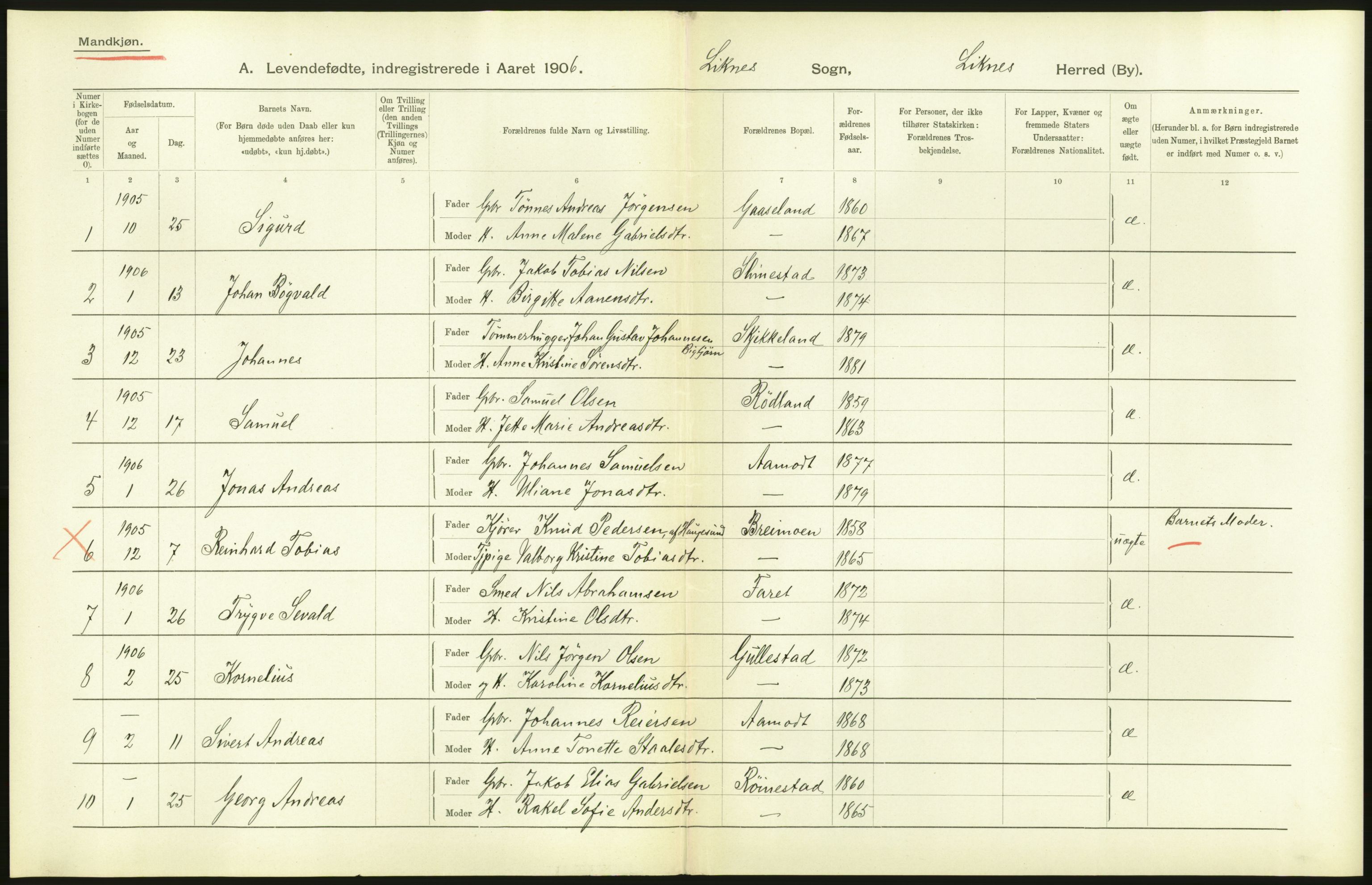 Statistisk sentralbyrå, Sosiodemografiske emner, Befolkning, AV/RA-S-2228/D/Df/Dfa/Dfad/L0023: Lister og Mandals amt: Levendefødte menn og kvinner. Bygder og byer., 1906, p. 22