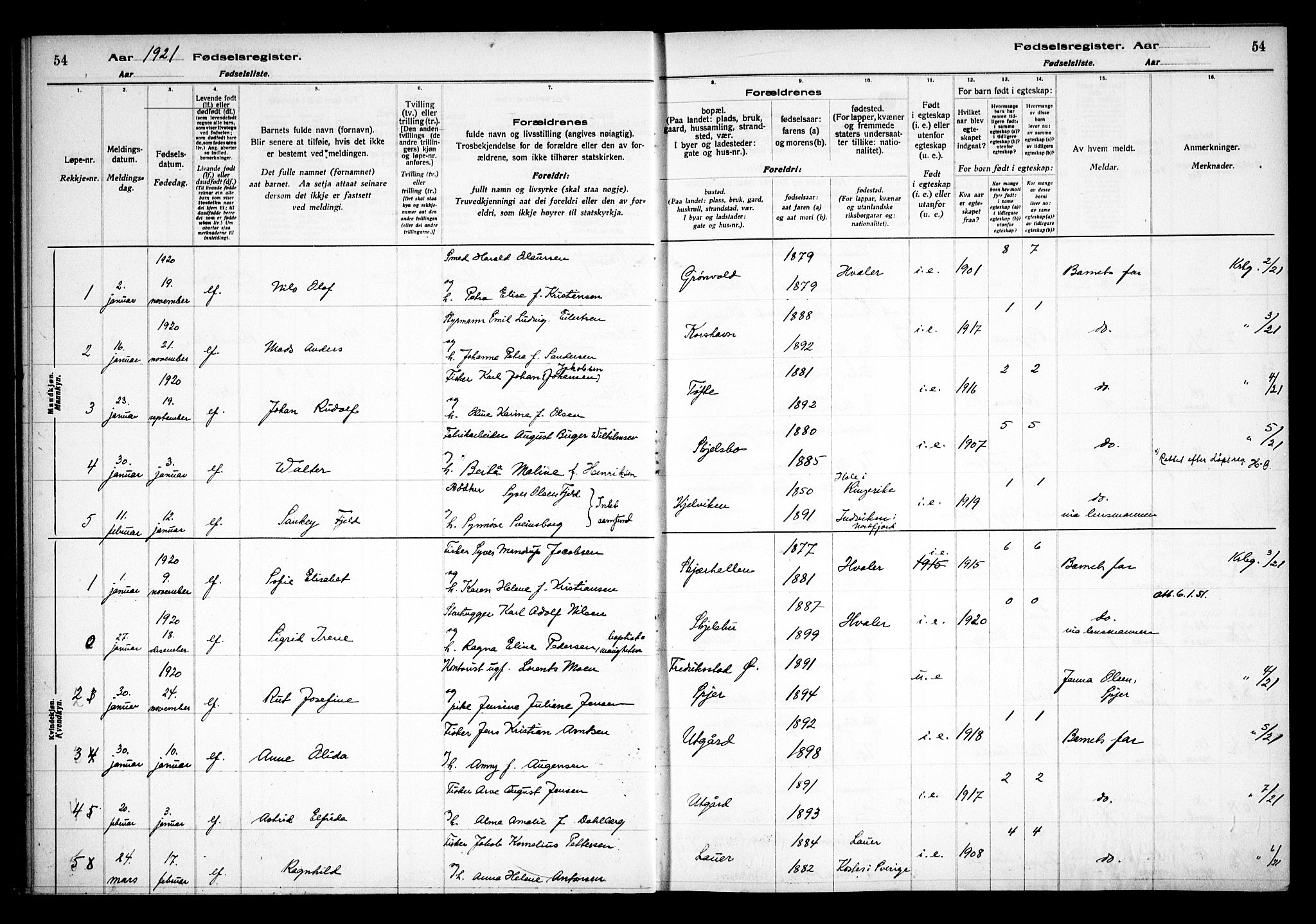 Hvaler prestekontor Kirkebøker, SAO/A-2001/J/Ja/L0001: Birth register no. I 1, 1916-1938, p. 54