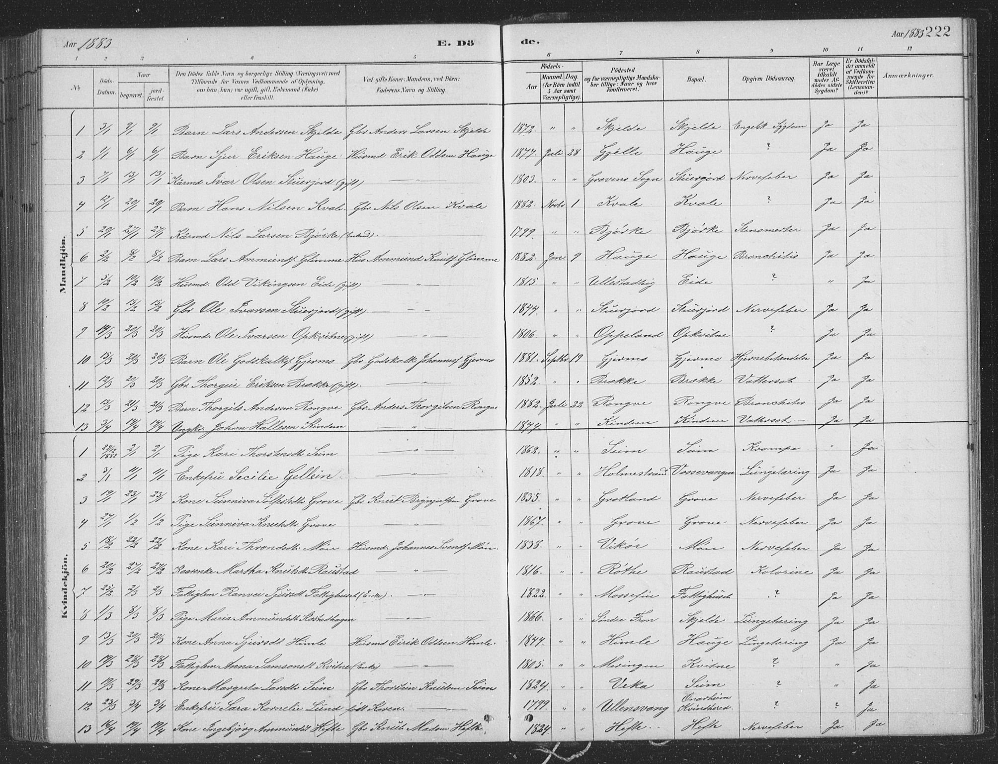 Voss sokneprestembete, SAB/A-79001/H/Hab: Parish register (copy) no. B 3, 1879-1894, p. 222
