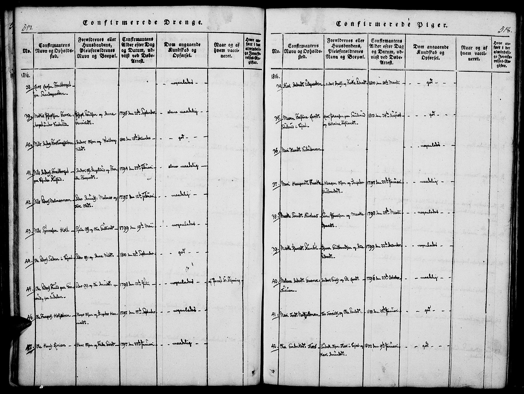 Vinger prestekontor, SAH/PREST-024/H/Ha/Haa/L0006: Parish register (official) no. 6, 1814-1825, p. 517-518