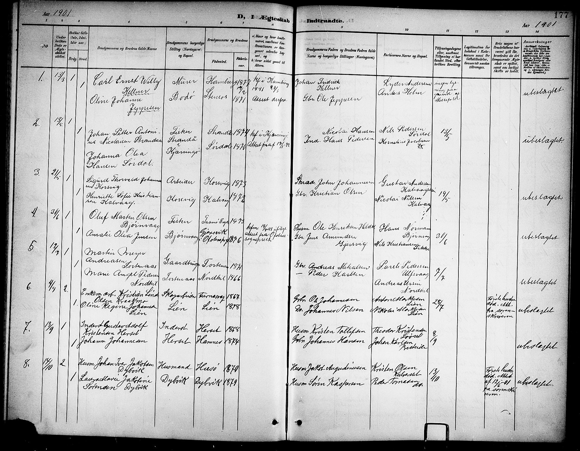Ministerialprotokoller, klokkerbøker og fødselsregistre - Nordland, SAT/A-1459/859/L0860: Parish register (copy) no. 859C06, 1899-1909, p. 177