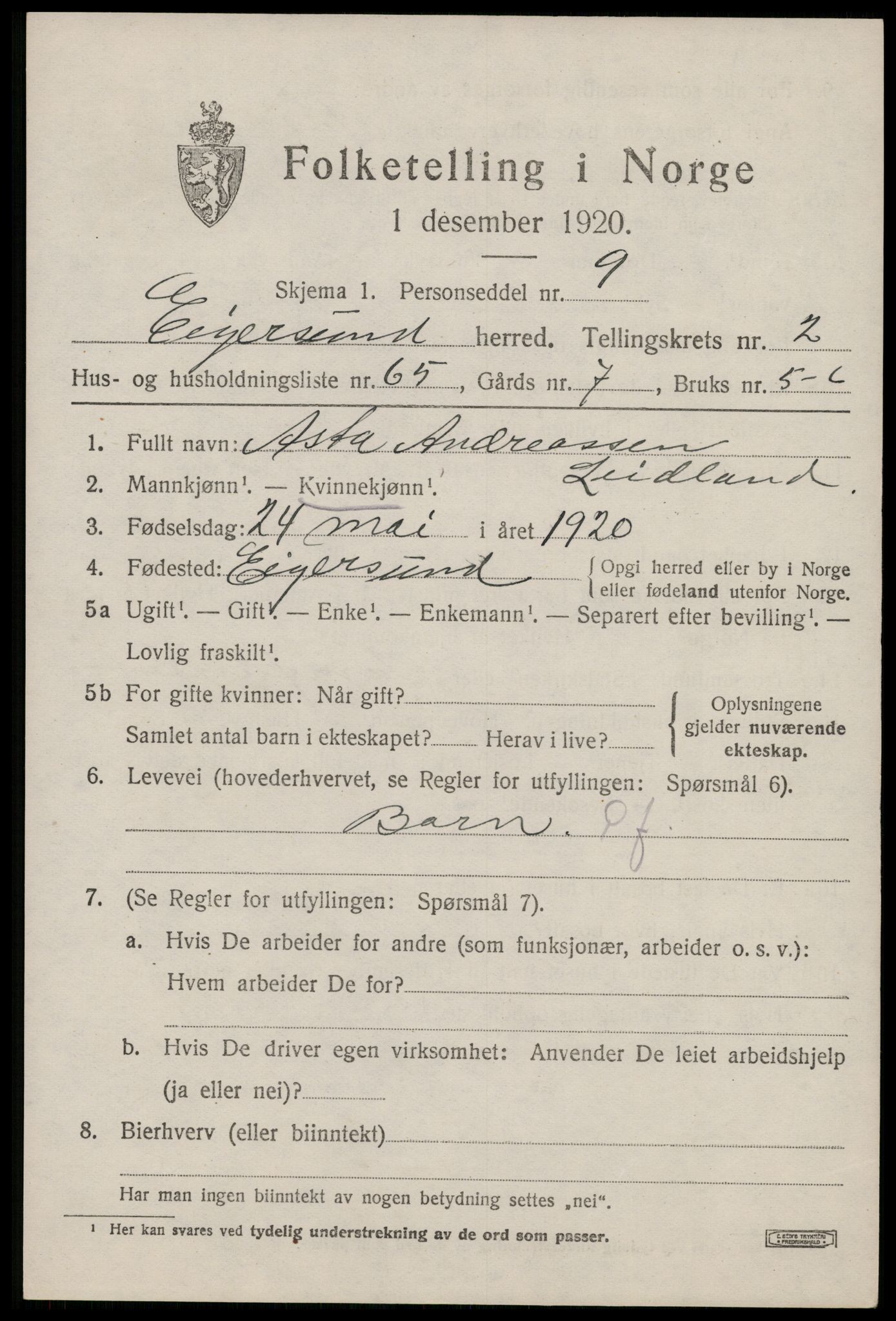 SAST, 1920 census for Eigersund, 1920, p. 2311