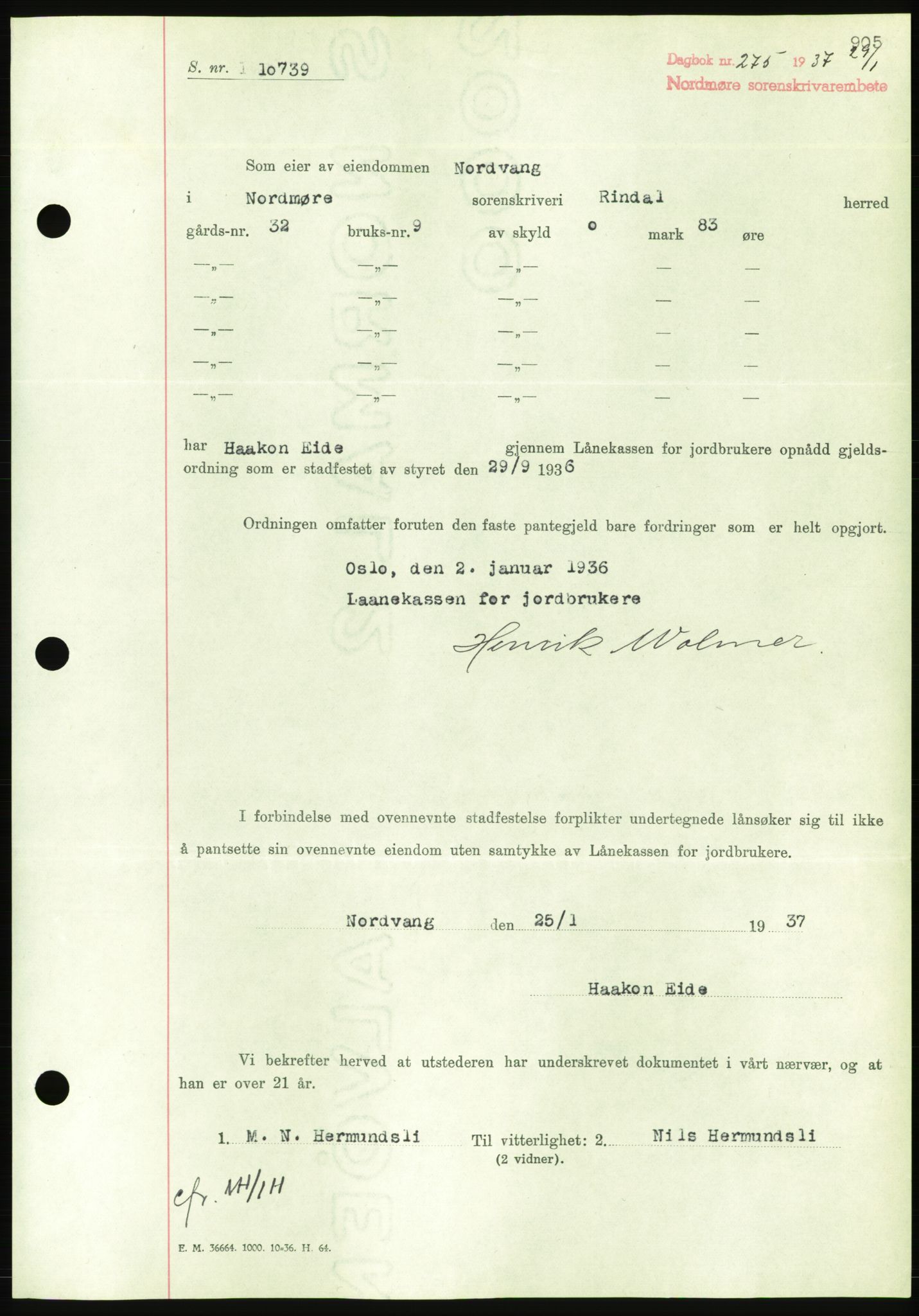 Nordmøre sorenskriveri, AV/SAT-A-4132/1/2/2Ca/L0090: Mortgage book no. B80, 1936-1937, Diary no: : 275/1937