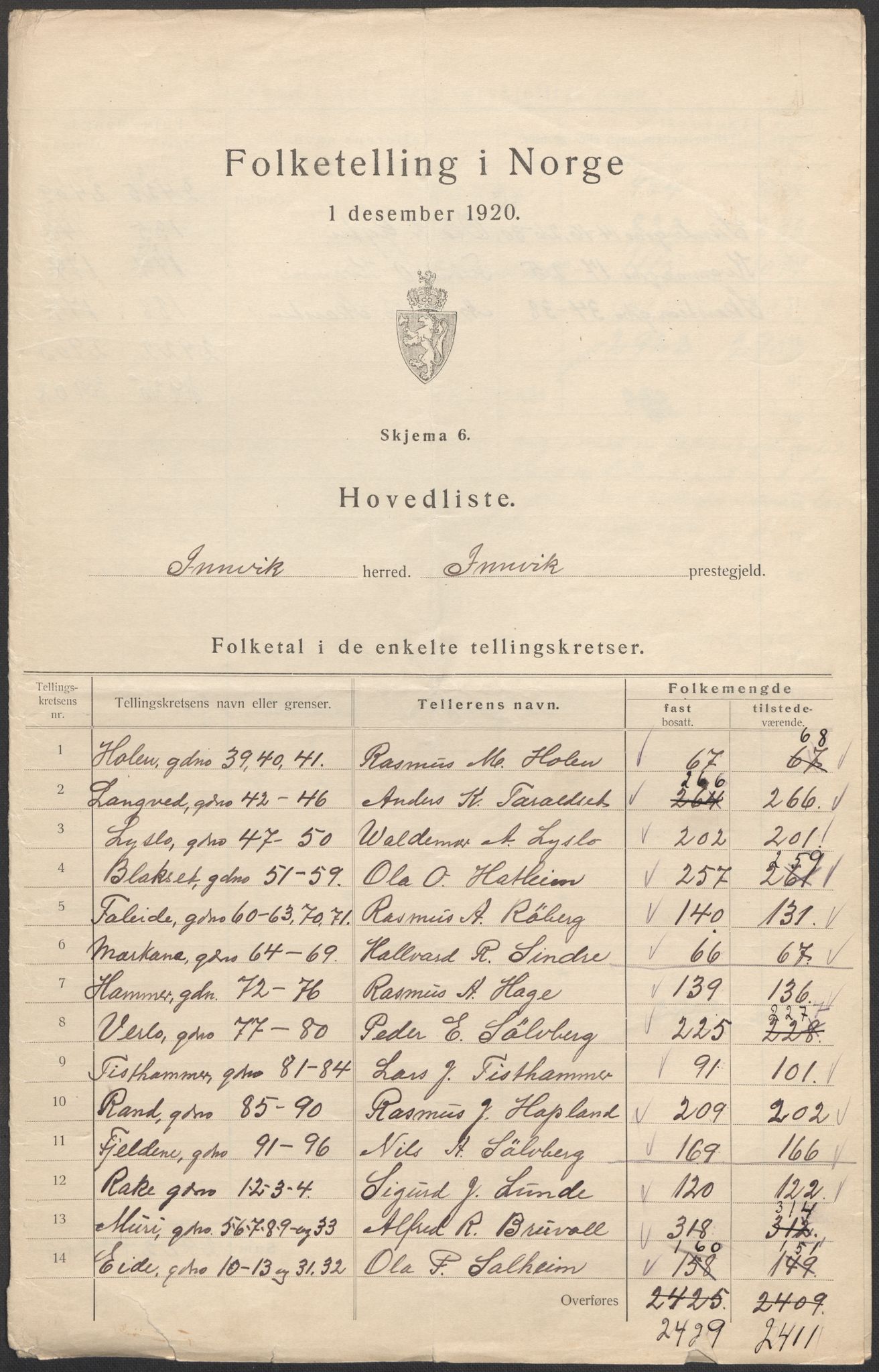 SAB, 1920 census for Innvik, 1920, p. 2