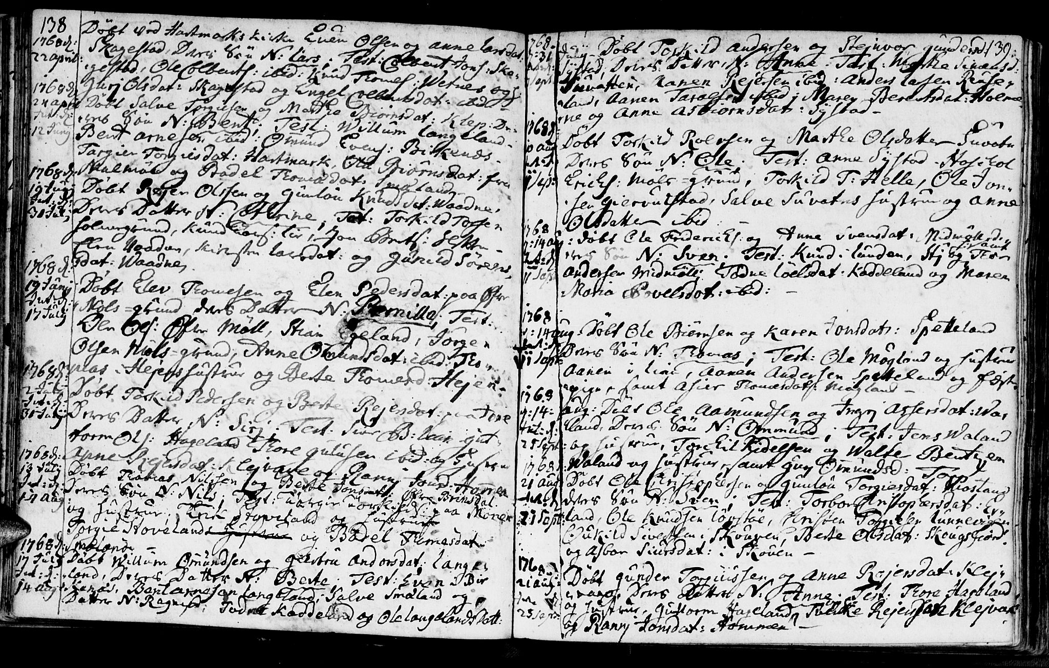 Holum sokneprestkontor, SAK/1111-0022/F/Fa/Faa/L0002: Parish register (official) no. A 2, 1756-1780, p. 138-139