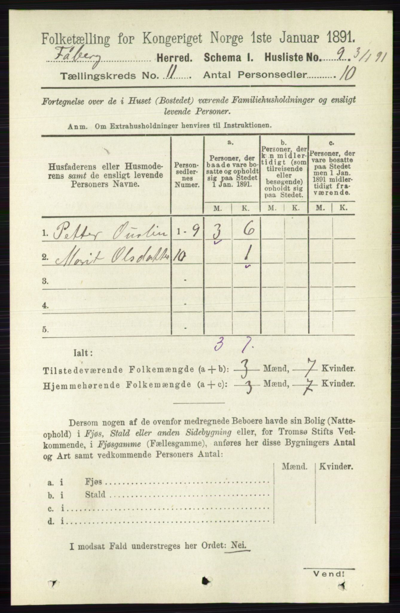 RA, 1891 census for 0524 Fåberg, 1891, p. 4457