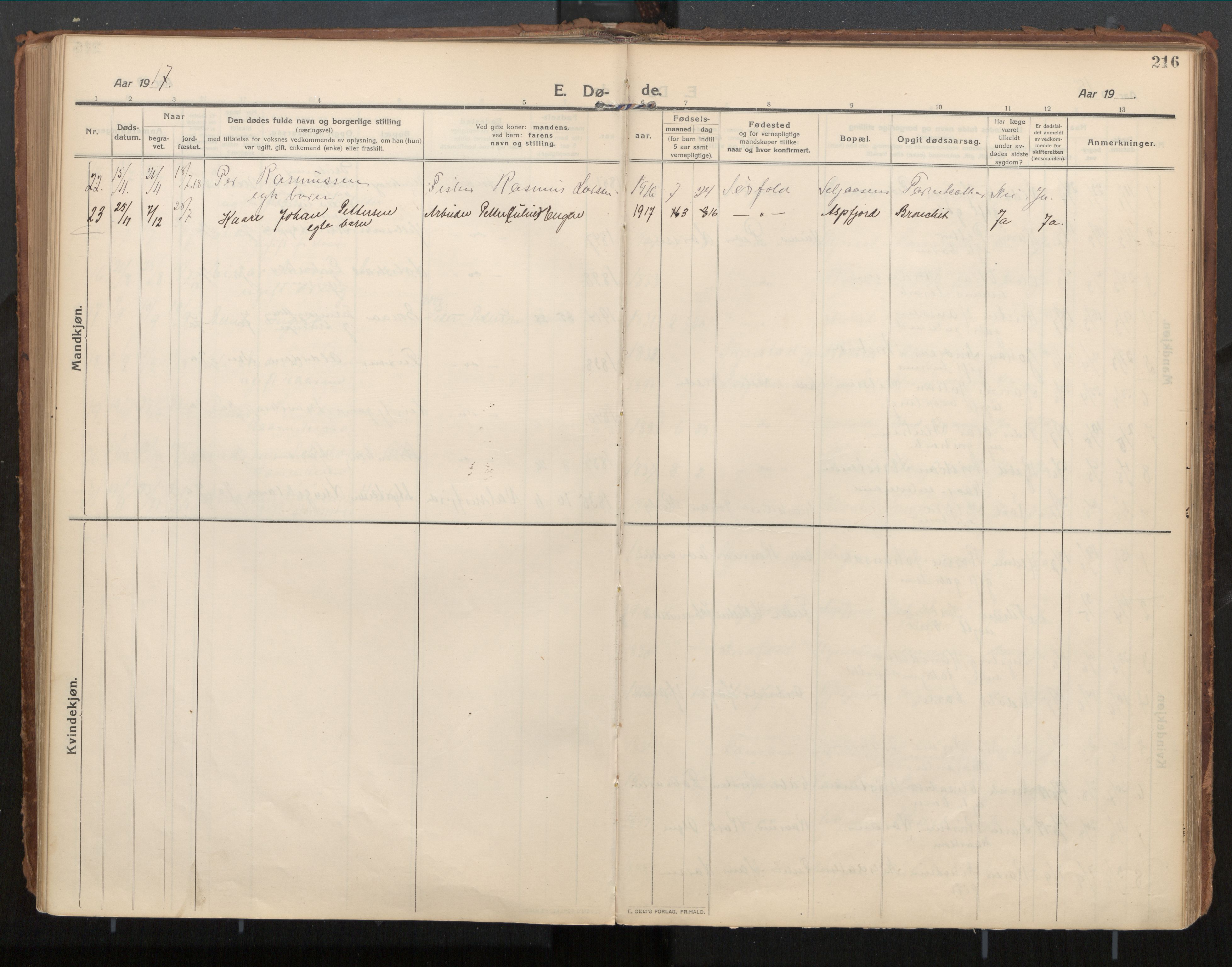 Ministerialprotokoller, klokkerbøker og fødselsregistre - Nordland, SAT/A-1459/854/L0784: Parish register (official) no. 854A07, 1910-1922, p. 216