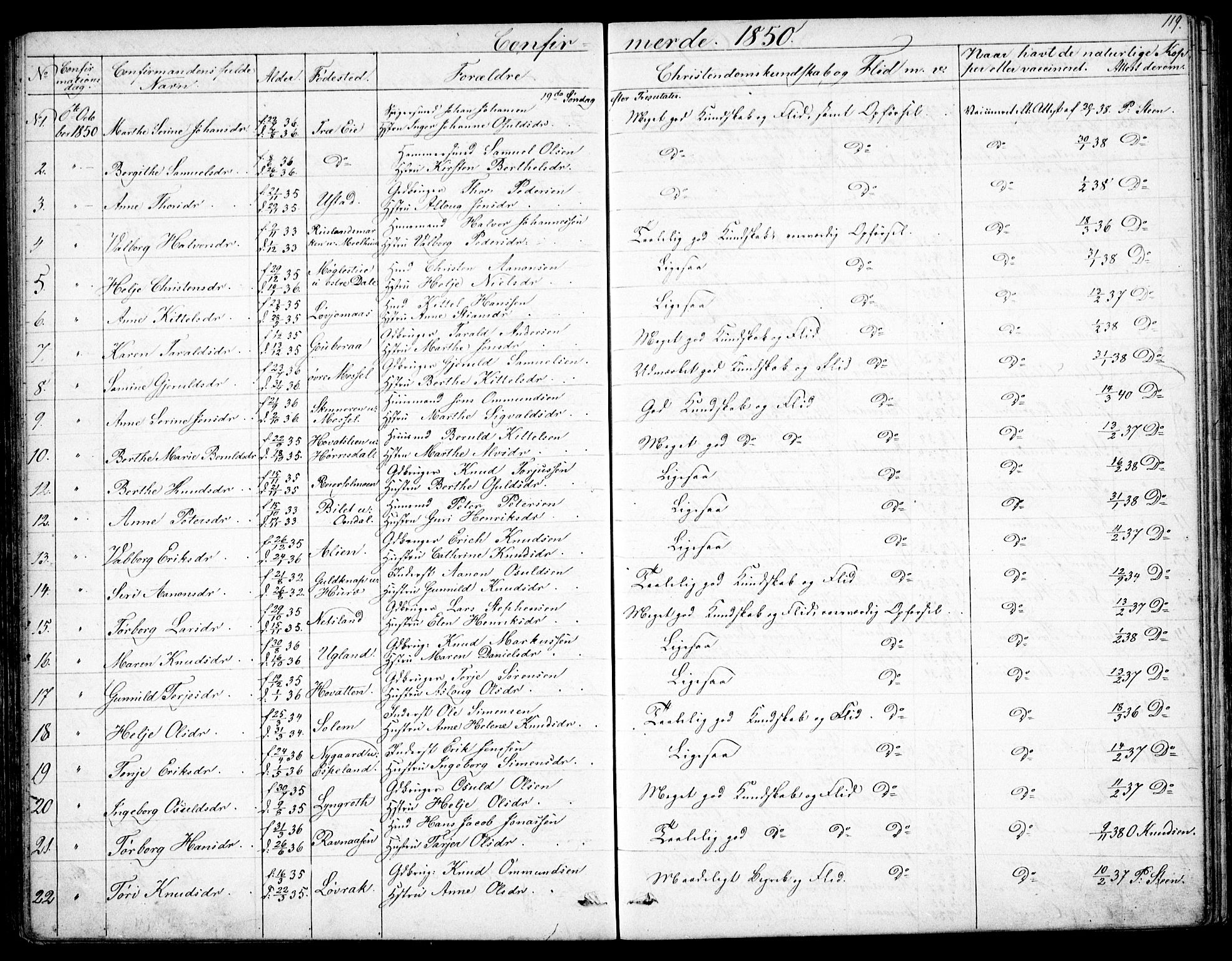 Froland sokneprestkontor, SAK/1111-0013/F/Fb/L0008: Parish register (copy) no. B 8, 1843-1875, p. 119