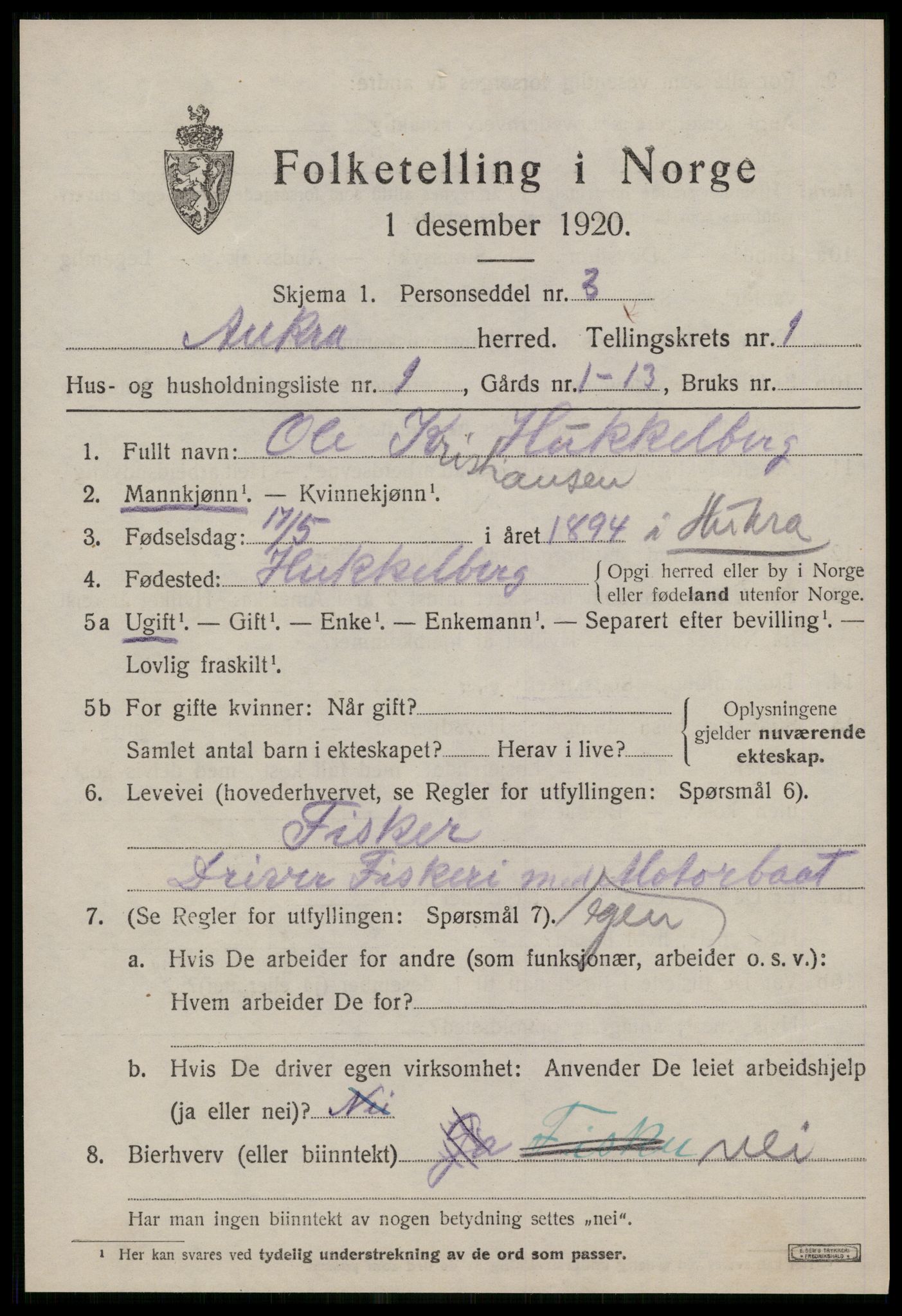 SAT, 1920 census for Aukra, 1920, p. 1009