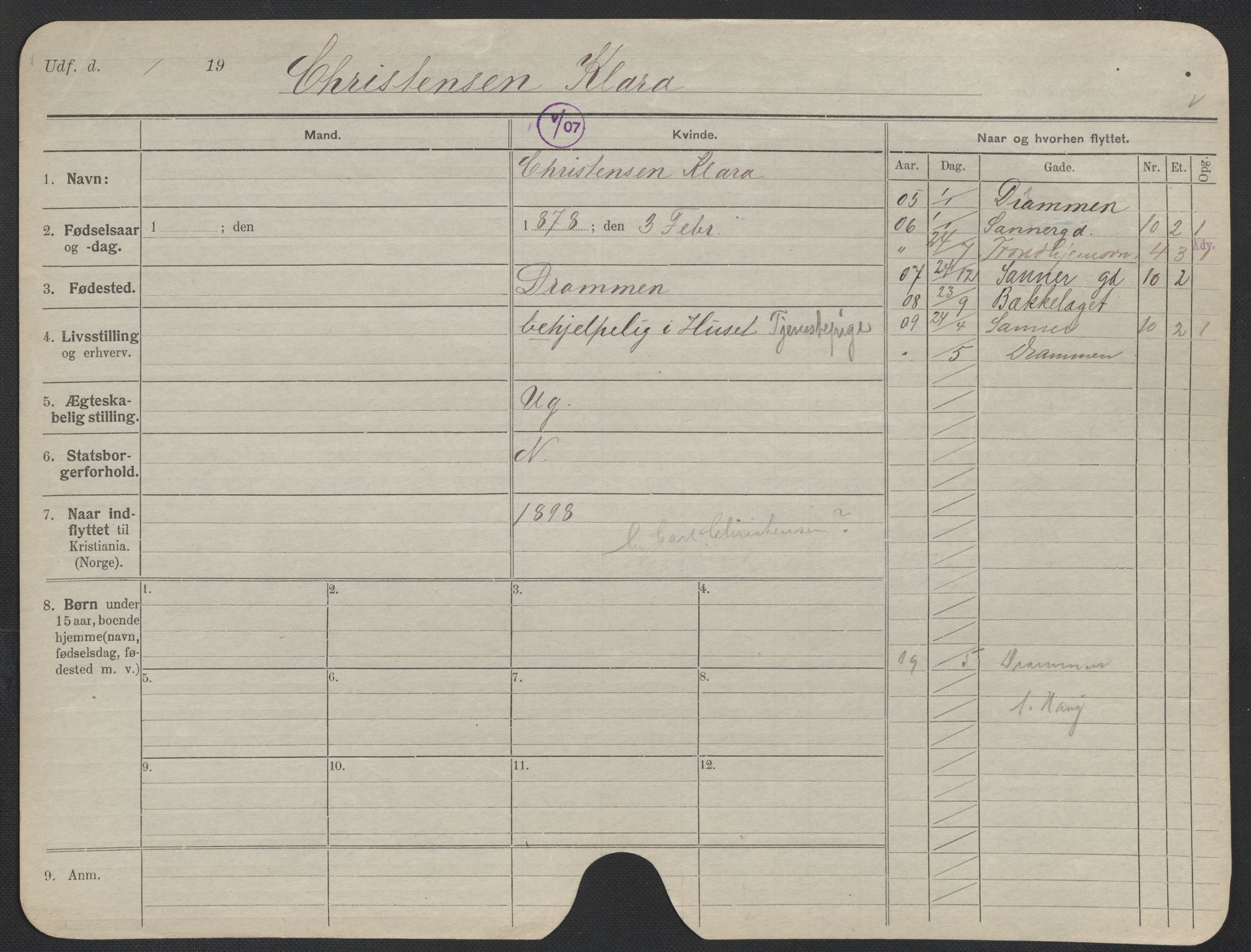 Oslo folkeregister, Registerkort, AV/SAO-A-11715/F/Fa/Fac/L0019: Kvinner, 1906-1914, p. 156a