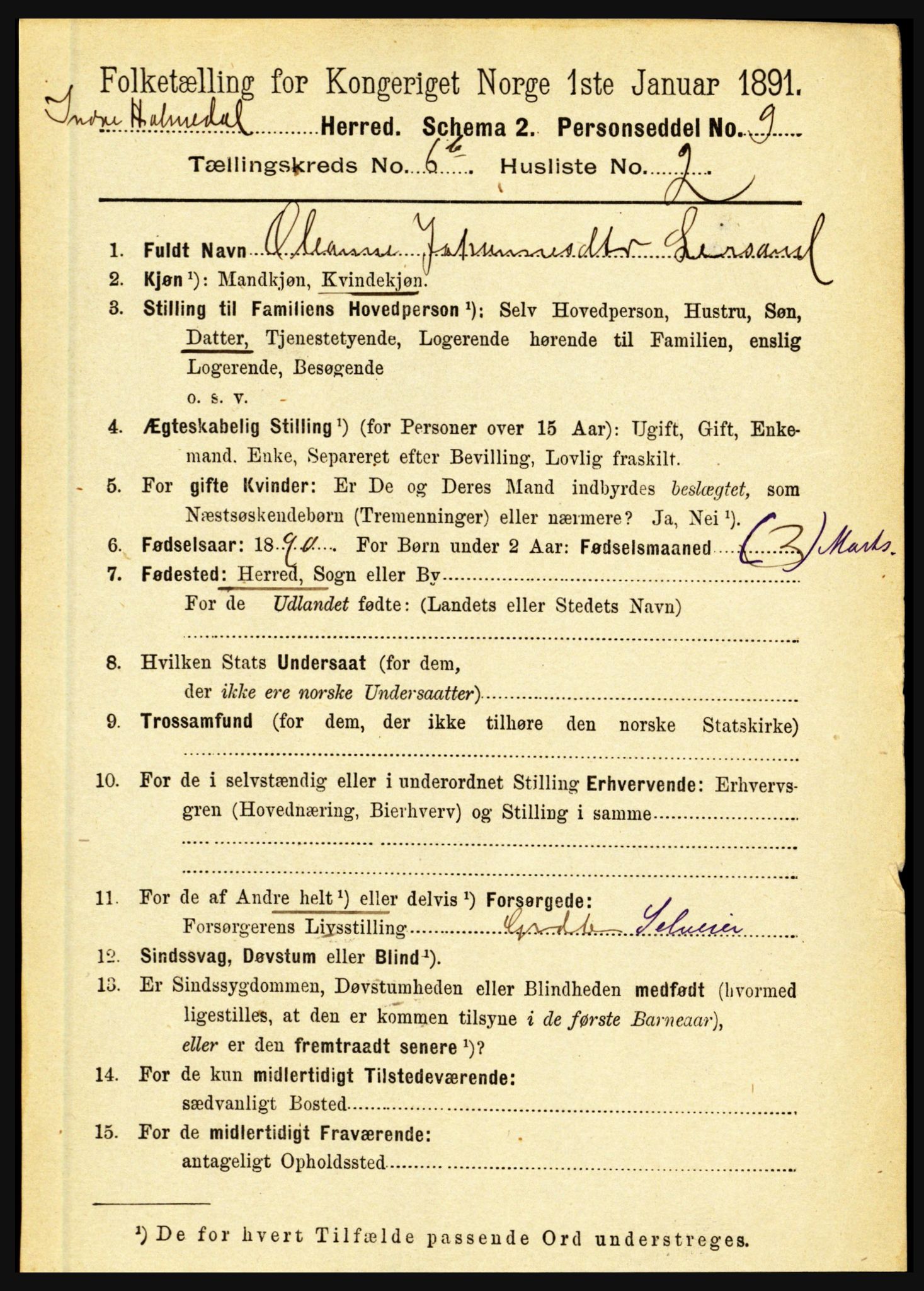 RA, 1891 census for 1430 Indre Holmedal, 1891, p. 2883