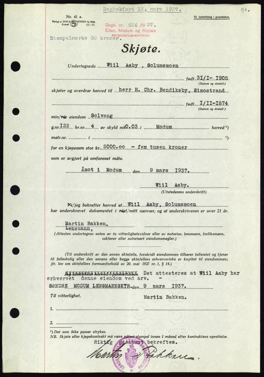 Eiker, Modum og Sigdal sorenskriveri, SAKO/A-123/G/Ga/Gab/L0035: Mortgage book no. A5, 1937-1937, Diary no: : 626/1937