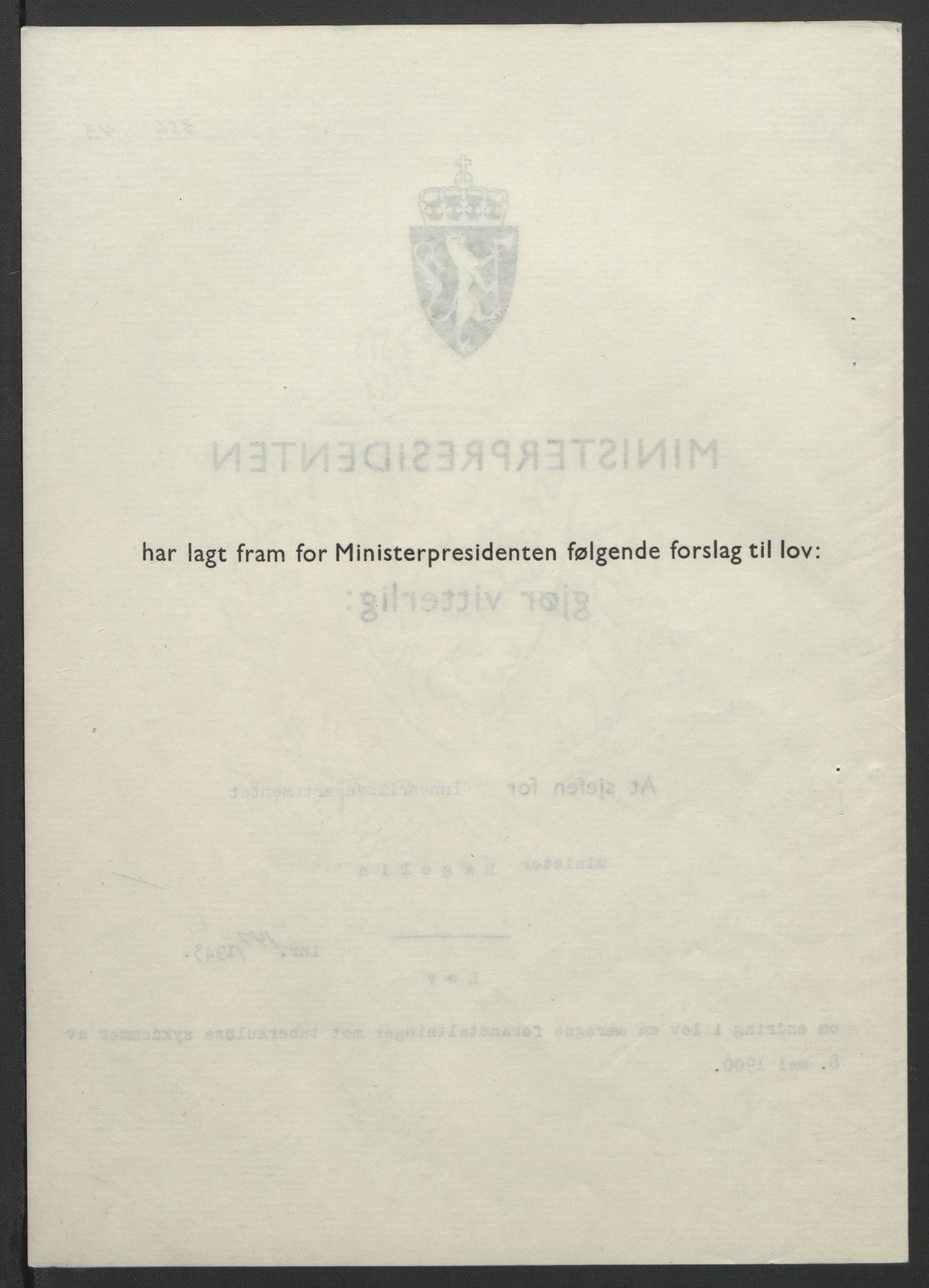 NS-administrasjonen 1940-1945 (Statsrådsekretariatet, de kommisariske statsråder mm), RA/S-4279/D/Db/L0099: Lover, 1943, p. 689