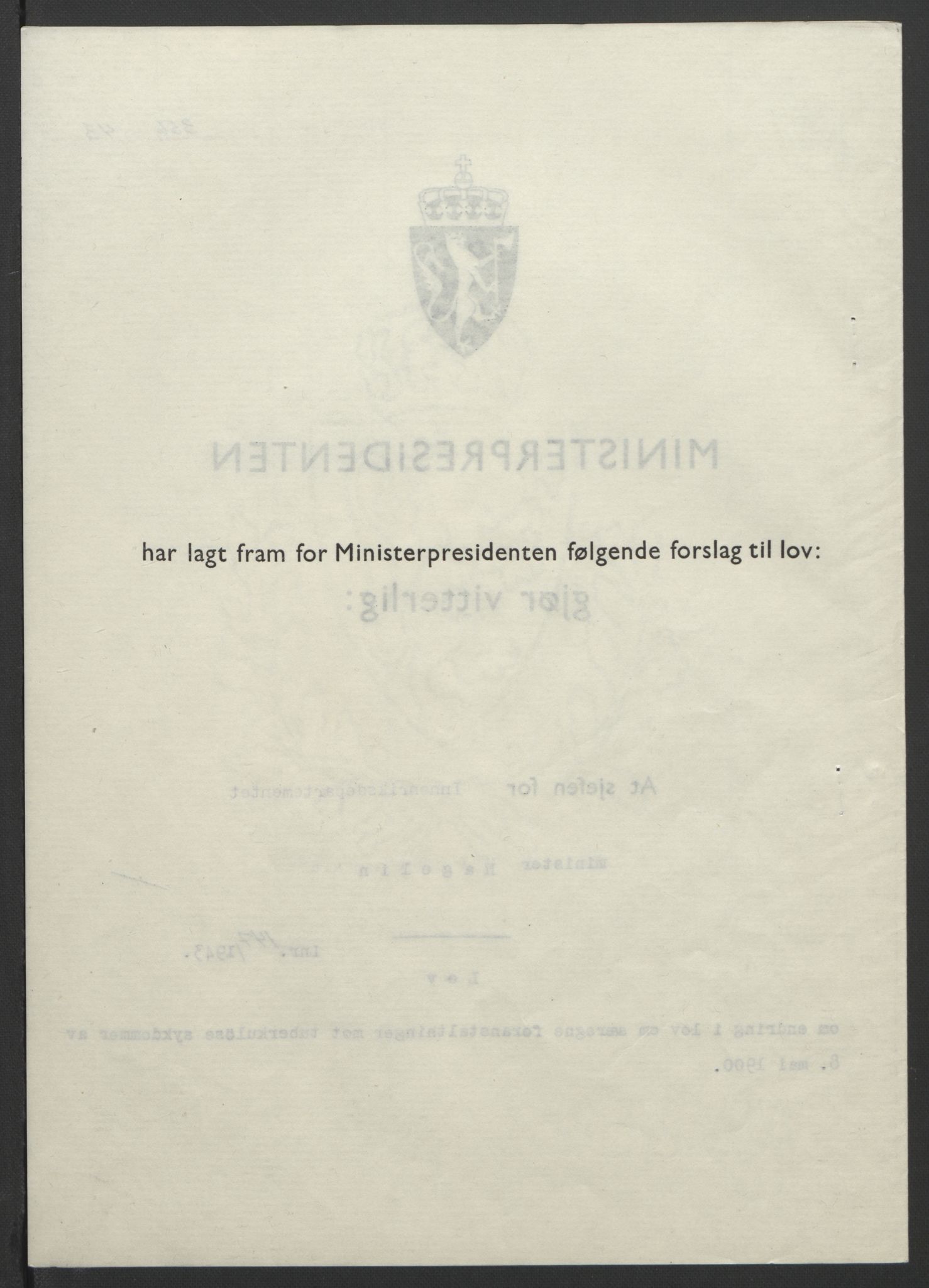 NS-administrasjonen 1940-1945 (Statsrådsekretariatet, de kommisariske statsråder mm), AV/RA-S-4279/D/Db/L0099: Lover, 1943, p. 689