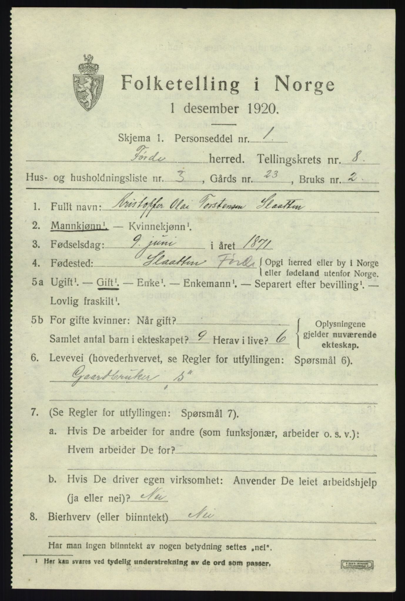 SAB, 1920 census for Førde, 1920, p. 3186