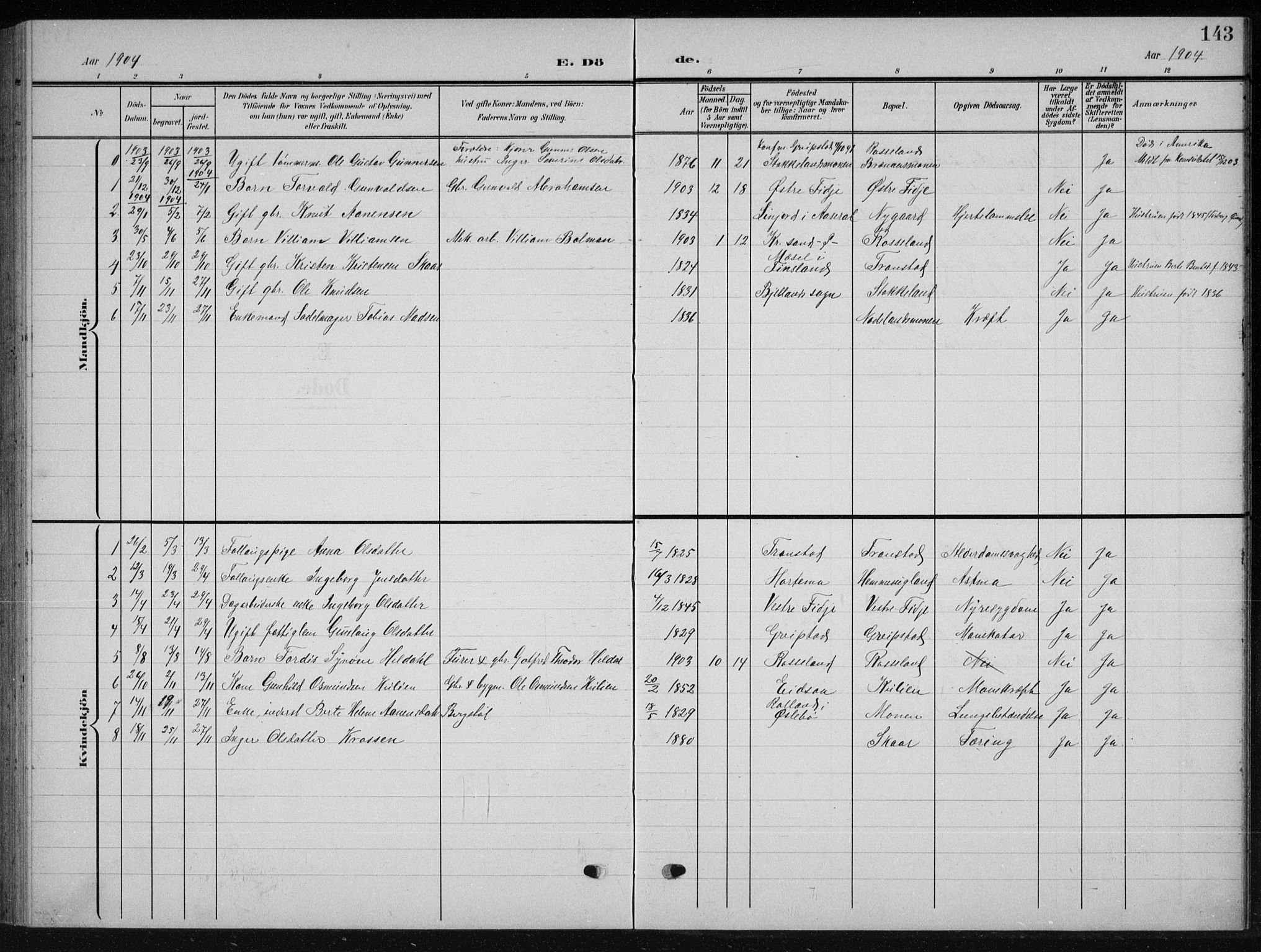 Søgne sokneprestkontor, AV/SAK-1111-0037/F/Fb/Fba/L0005: Parish register (copy) no. B 5, 1904-1936, p. 143